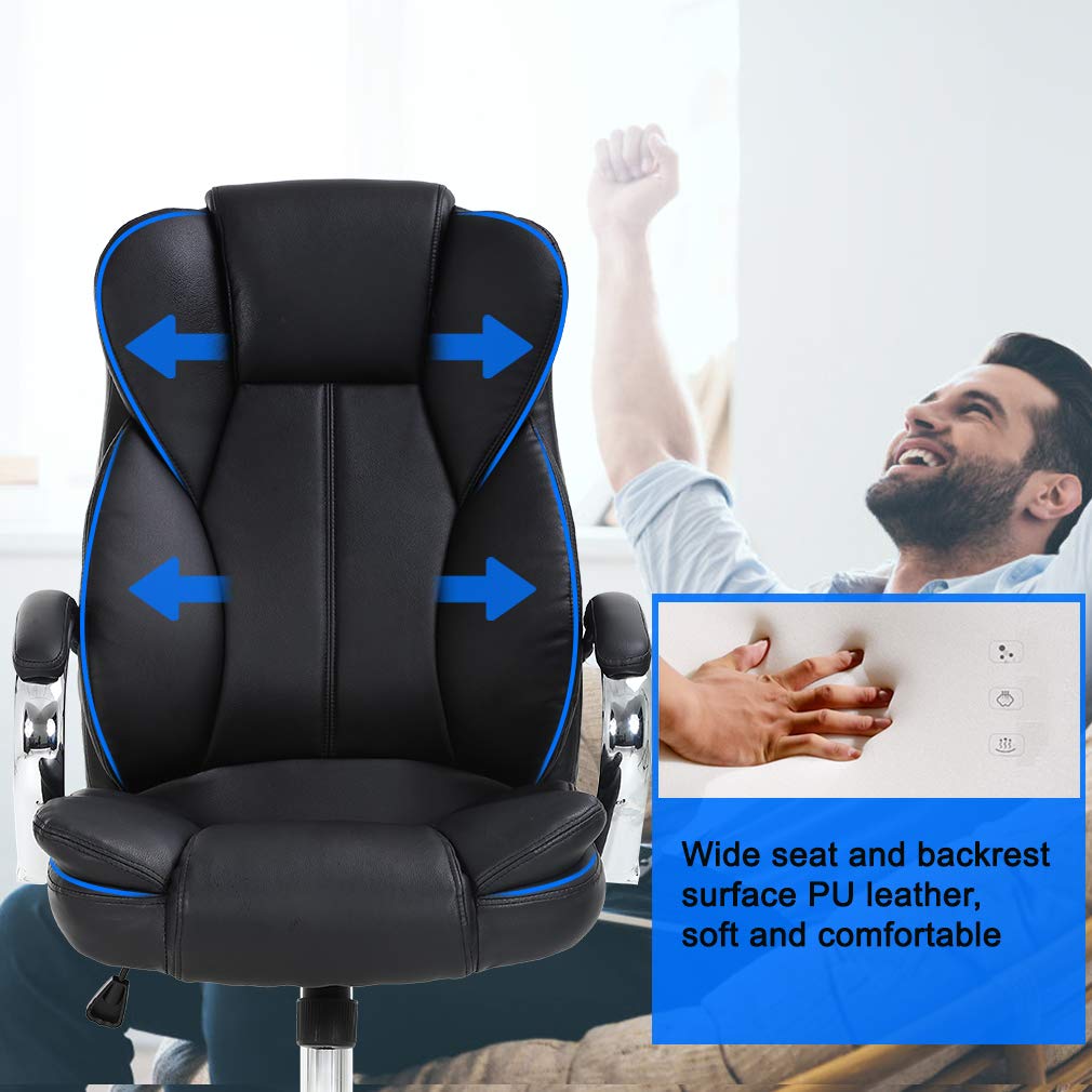 Ergonomic Office Chair - Adjustable High Back PU Leather Executive Desk Chair with Lumbar Support & Rolling Swivel Wheels - Black - Perfect for Home Office, Gaming Setup, and Computer Workstations