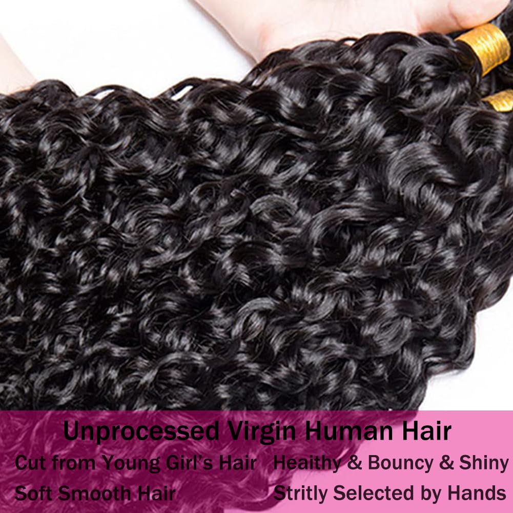 Seekomi 100% Unprocessed Brazilian Human Hair Bundles 26 28 30 Inch - 12A Grade Water Wave Natural Black Color Double Weft 3 Bundles for Weaving, Extensions & Styling