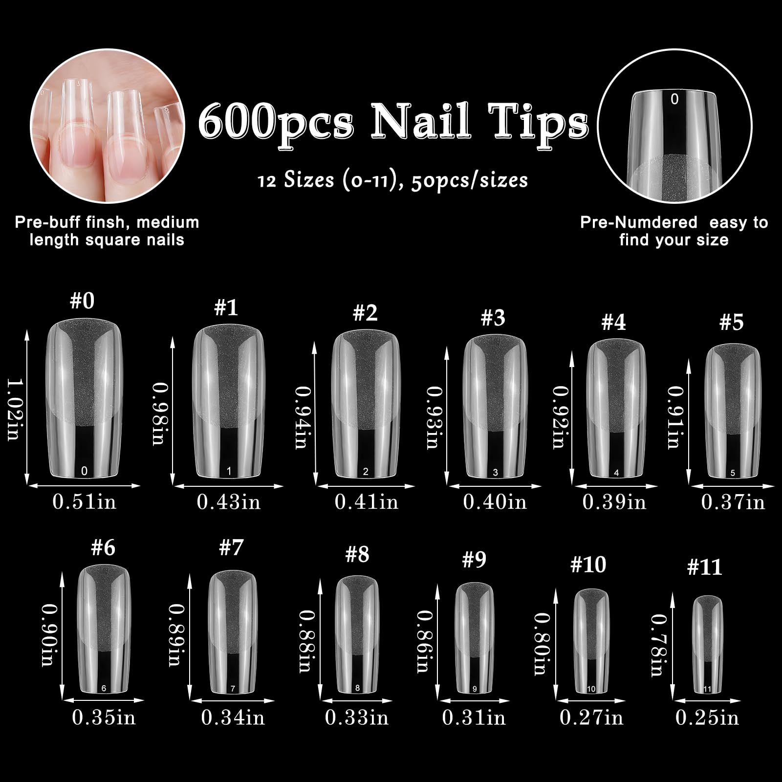 AddFavor 600pcs Clear Medium Square Gel Nail Tips - Full Cover Acrylic Fake Nails for Extension, Manicure Salon & Home DIY | Perfect for Nail Art, Parties & Special Occasions
