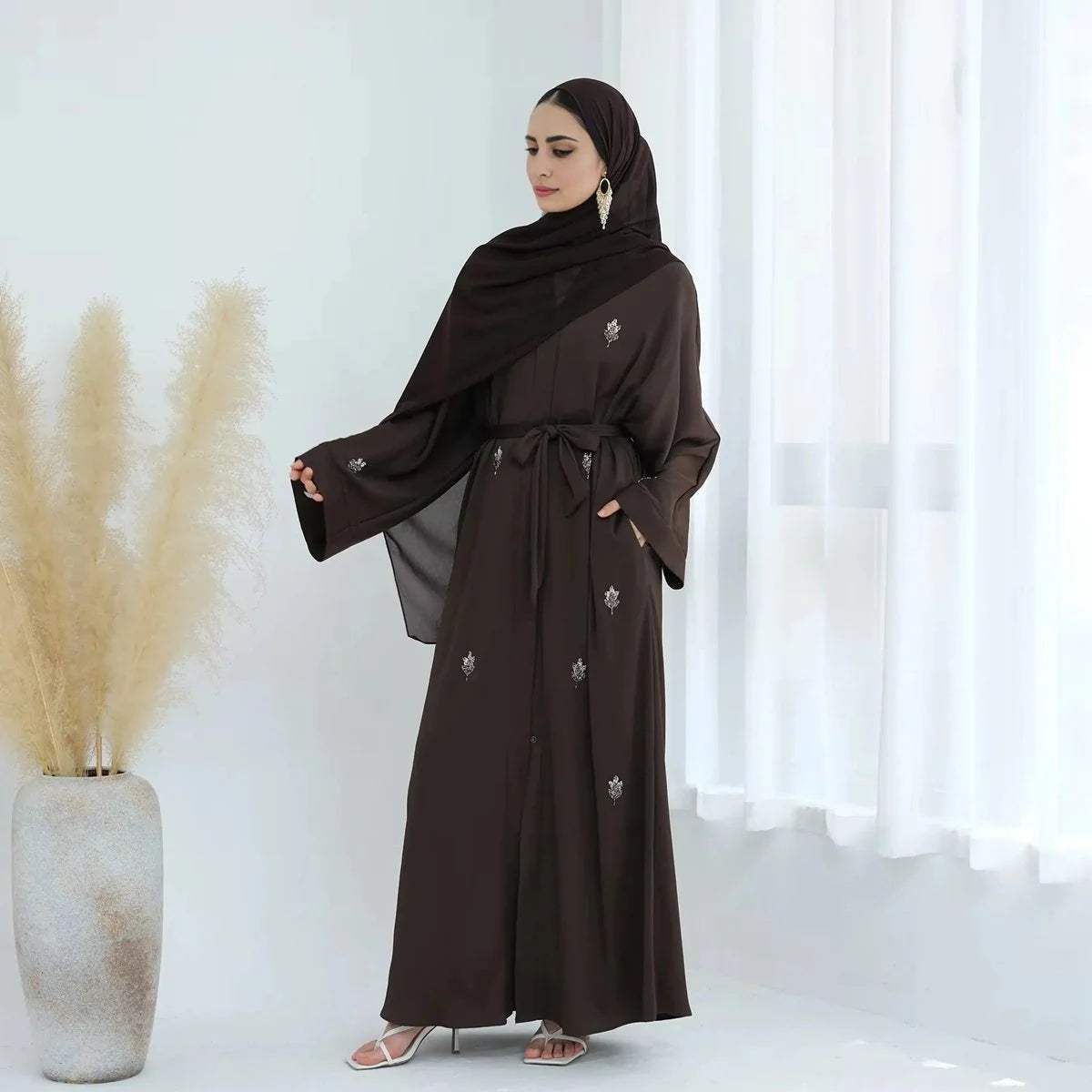 Hand Stitched Beaded Wrinkle Satin Cardigan Open Abaya #25829 - Elegant Muslim Women's Cover-Up for Prayer, Wedding & Special Occasions