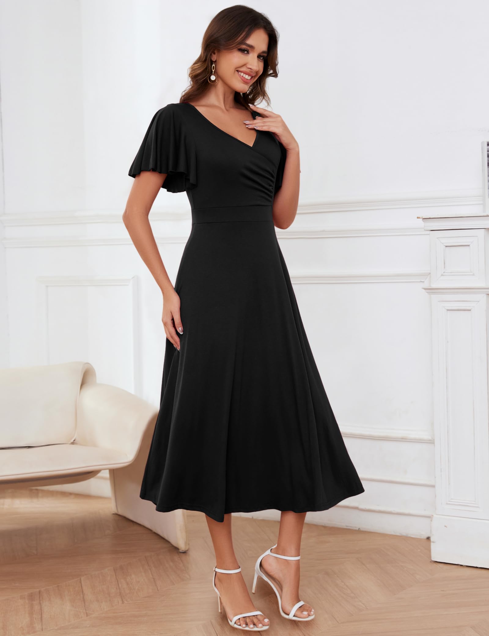 MidnightSun Women's Wrap V-Neck Cocktail Party Midi Dress with Ruffle Short Sleeves - Elegant Formal Wedding Guest Dress for Evening Events, Bridal Showers & Special Occasions