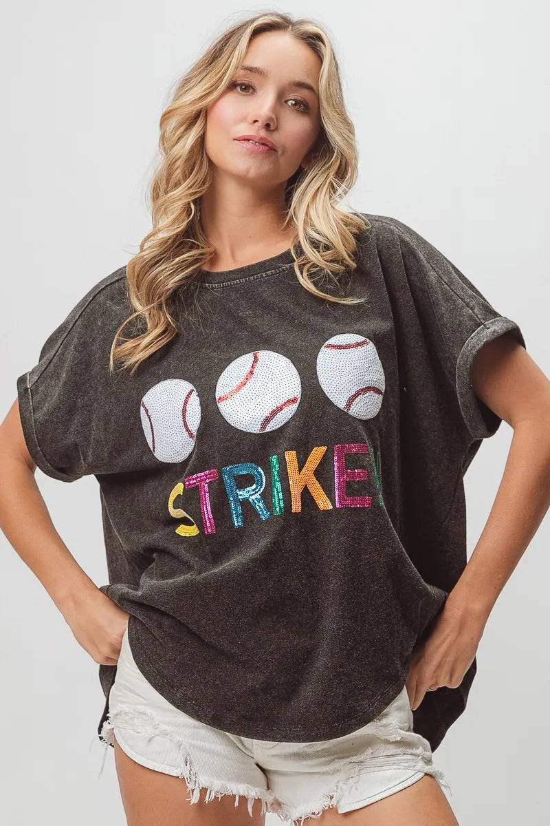 BiBi Sequin Baseballs Strike Washed Short Sleeve T-Shirt | Trendy Casual Top for Women | Perfect for Parties, Concerts & Night Out