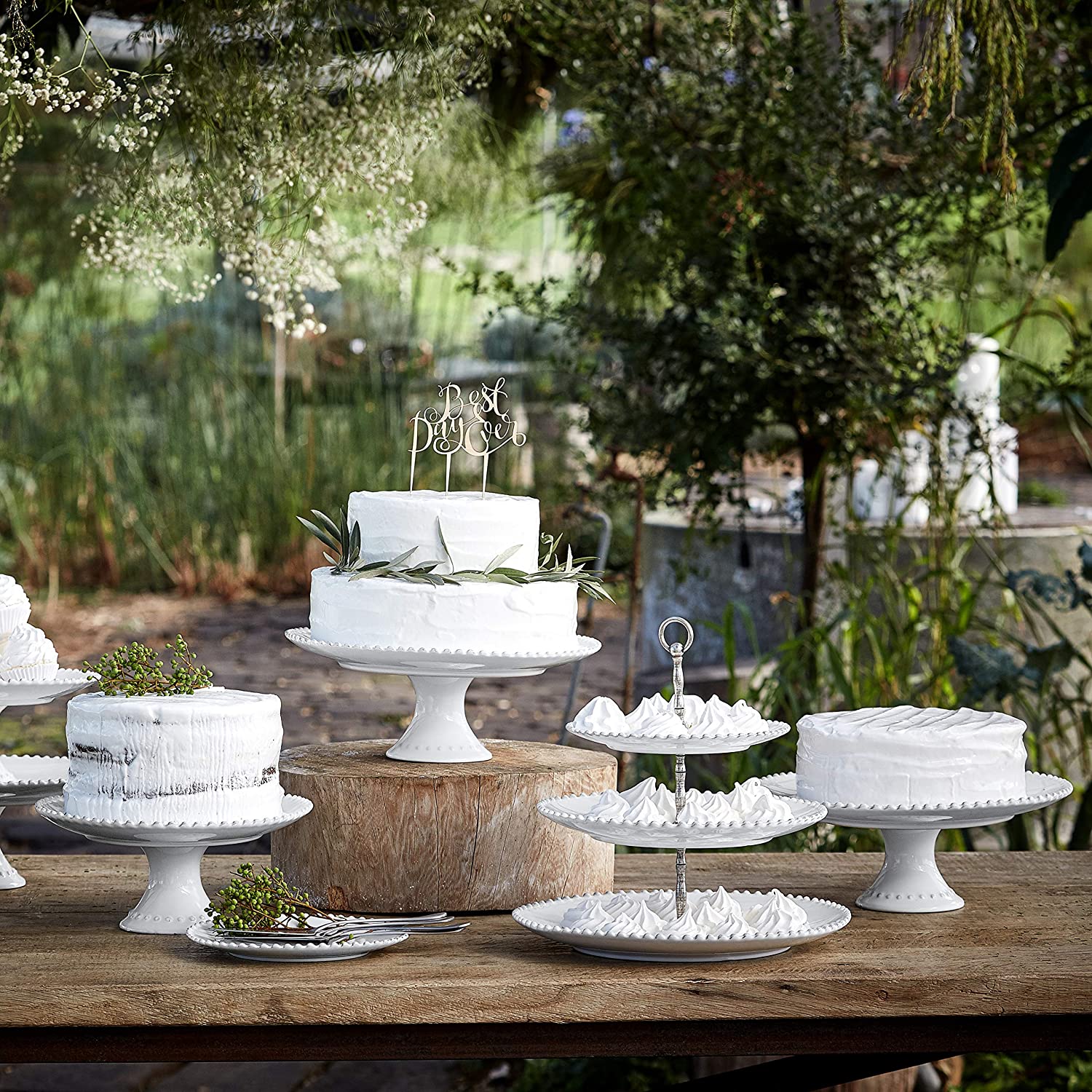 COSTA NOVA Pearl Collection White Stoneware Ceramic Cake Stand - 11.25 Inch Medium Size for Wedding, Birthday Party & Dessert Display