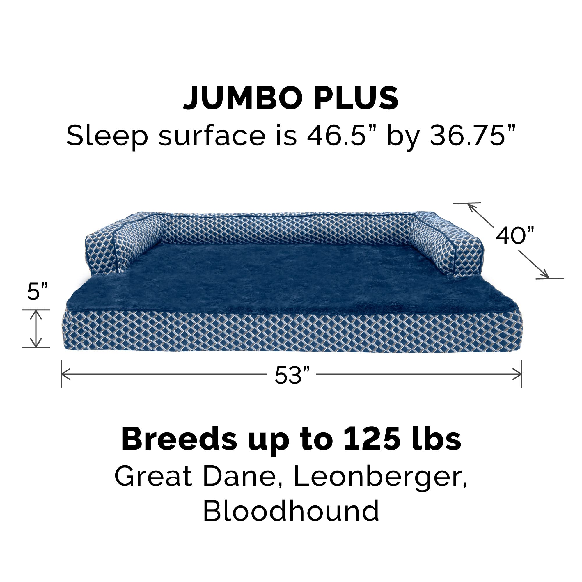 Furhaven Memory Foam Orthopedic Dog Bed for Large Dogs up to 125 lbs - Removable Bolsters & Machine Washable Cover - Plush Woven Sofa-Style Pet Bed in Diamond Blue (Jumbo Plus/XXL) - Perfect for Living Rooms, Bedrooms & Pet-Friendly Spaces