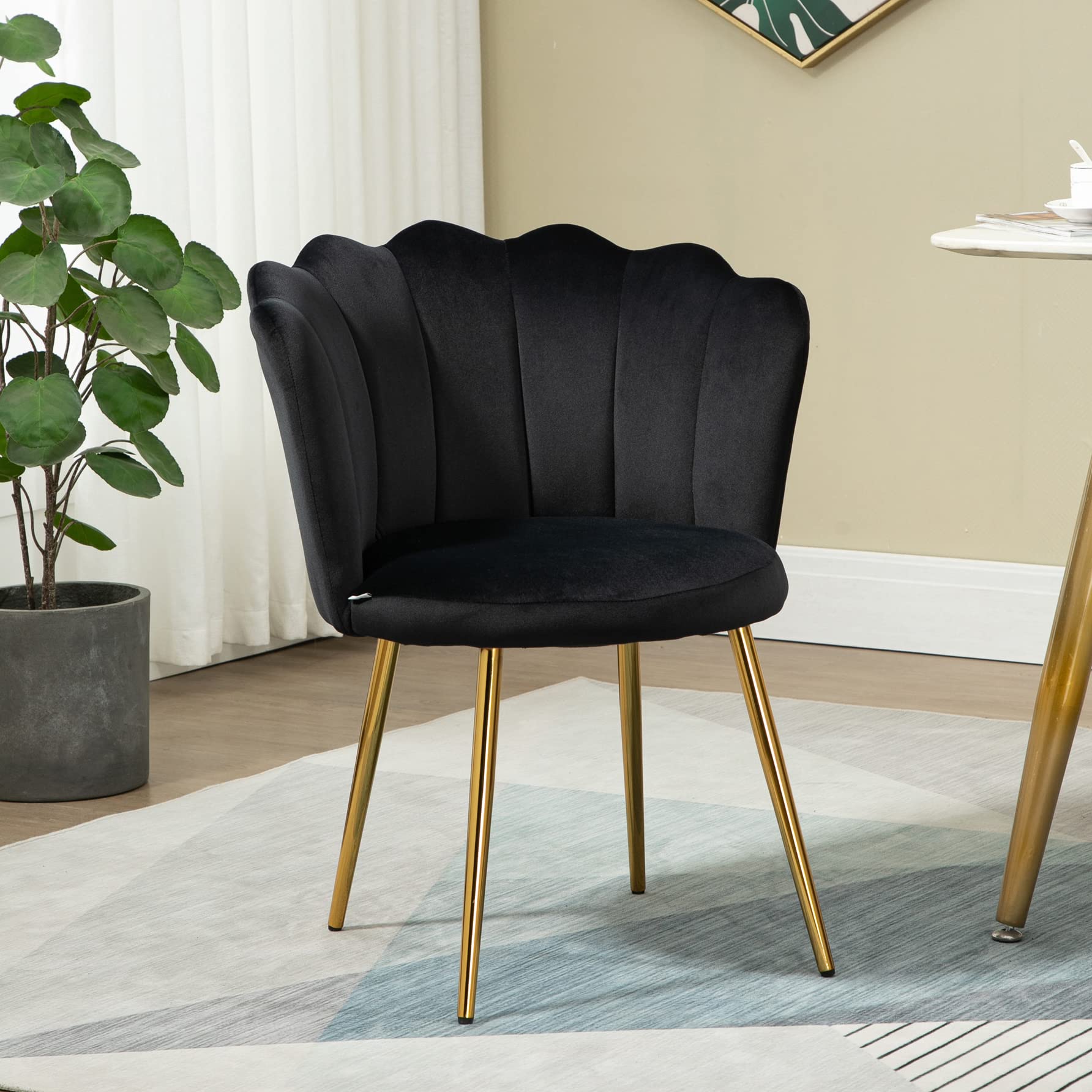 Luxury Velvet Vanity Accent Chair - Modern Upholstered Makeup Chair with Golden Metal Legs for Dressing Room, Living Room & Bedroom (Black) | Perfect for Beauty Salon, Home Decor & Guest Seating