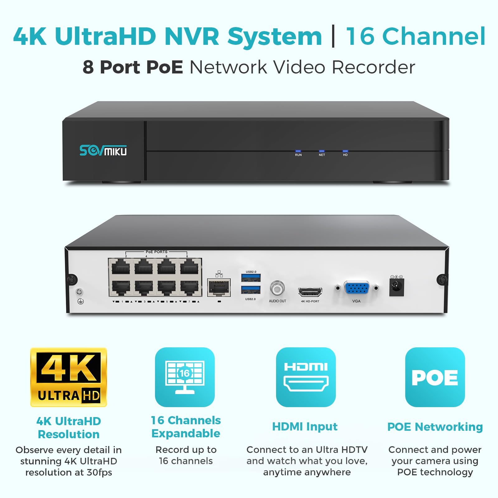 SOVMIKU 4K 8CH POE NVR Security System - 16 Channel Expandable, Supports 4K/2K/8MP/5MP/3MP/1080P IP Cameras, 24/7 Recording with Motion Detection, Up to 10TB HDD (HDD Not Included) - Ideal for Home Security, Business Surveillance & Office Monitoring