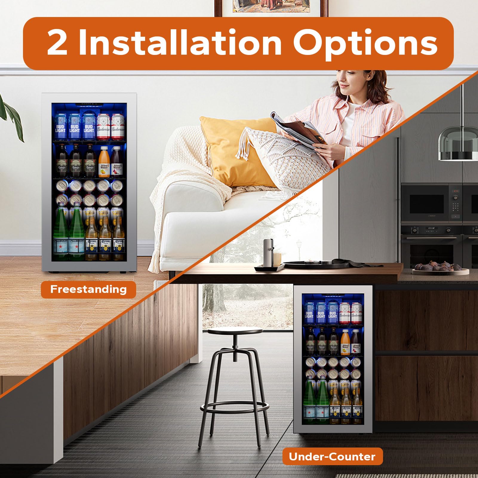 Ca'Lefort 121 Can Beverage Refrigerator - Compact Glass Door Drink Cooler for Beer, Soda & Wine | Under Counter Freestanding Mini Fridge for Home, Kitchen, Office & Bar | Perfect for Parties, Entertaining & Daily Beverage Storage