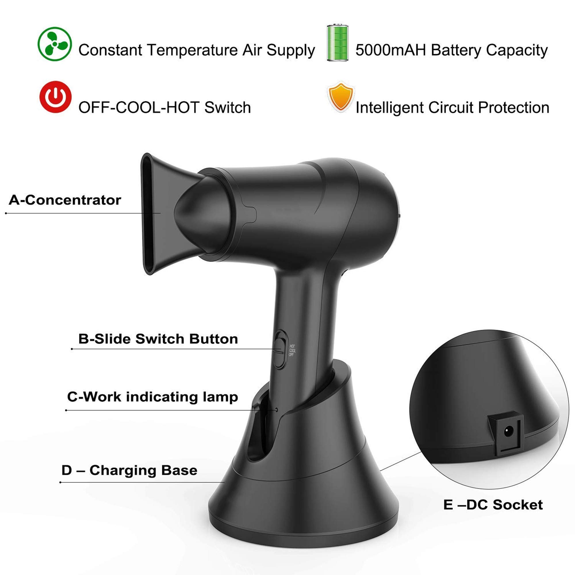 Portable Cordless Hair Dryer - Rechargeable Blow Dryer with Hot & Cold Air Settings & Diffuser Attachment | Wireless Hair Styling for Travel, Home Use & Salon Professionals