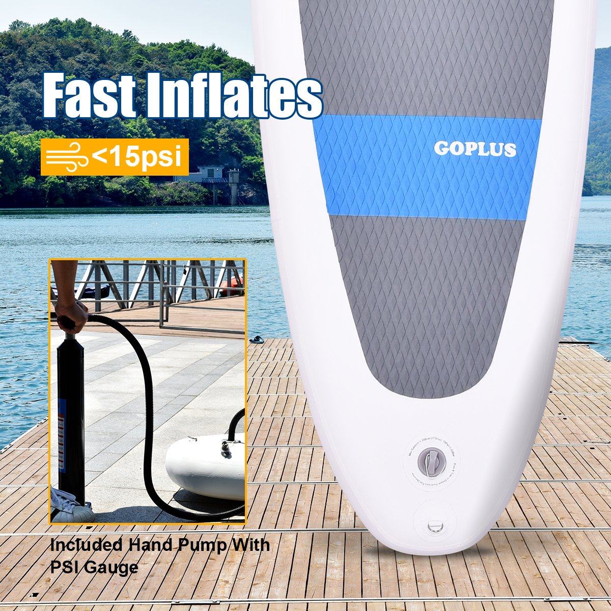 HOMGX 10' Inflatable Stand Up Paddle Board (SUP) with Adjustable Paddle, Leash, Hand Pump & Carry Bag - 6