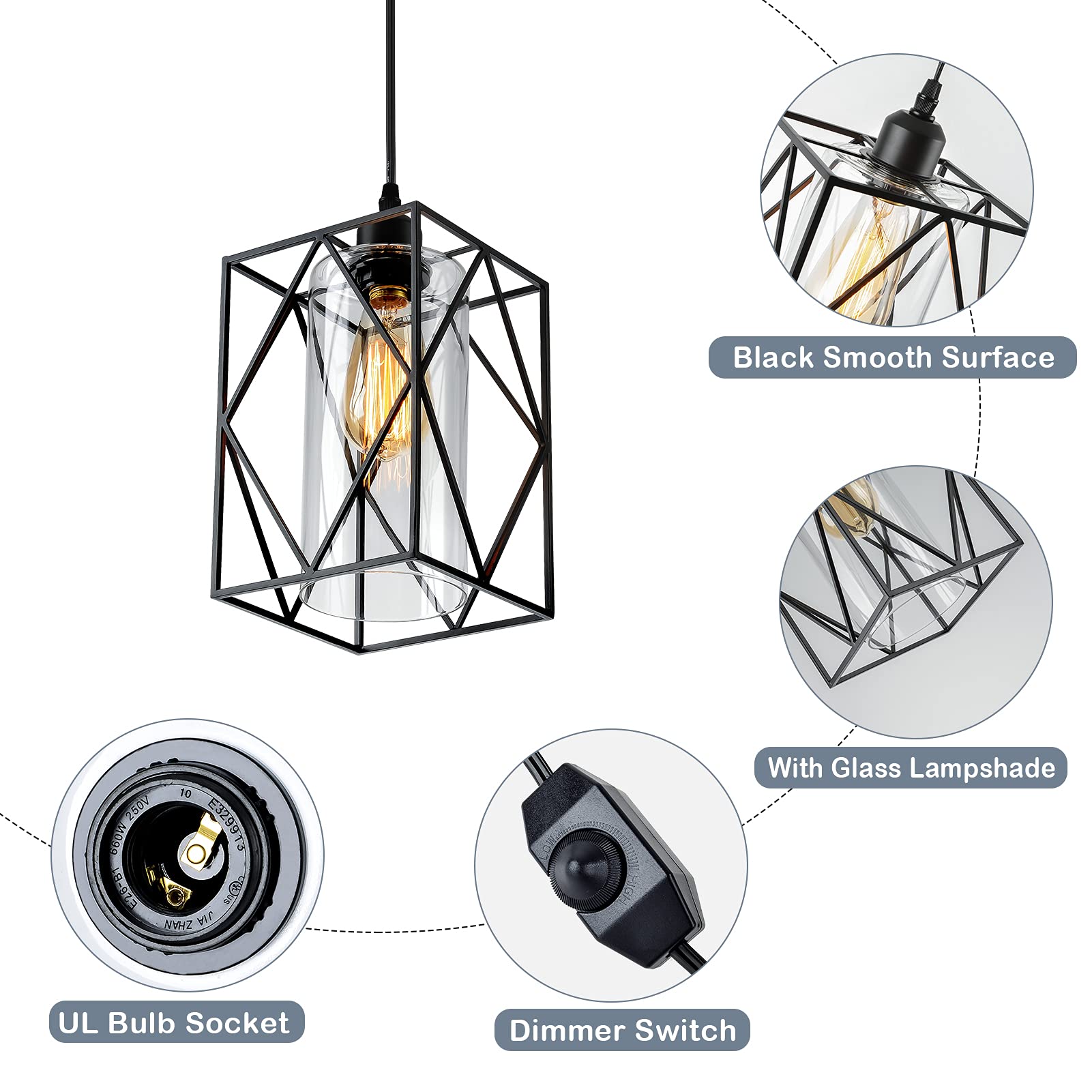 Farmhouse Plug-in Pendant Light with Dimmer - Outdoor/Indoor Hanging Light for Kitchen, Porch & Bedroom