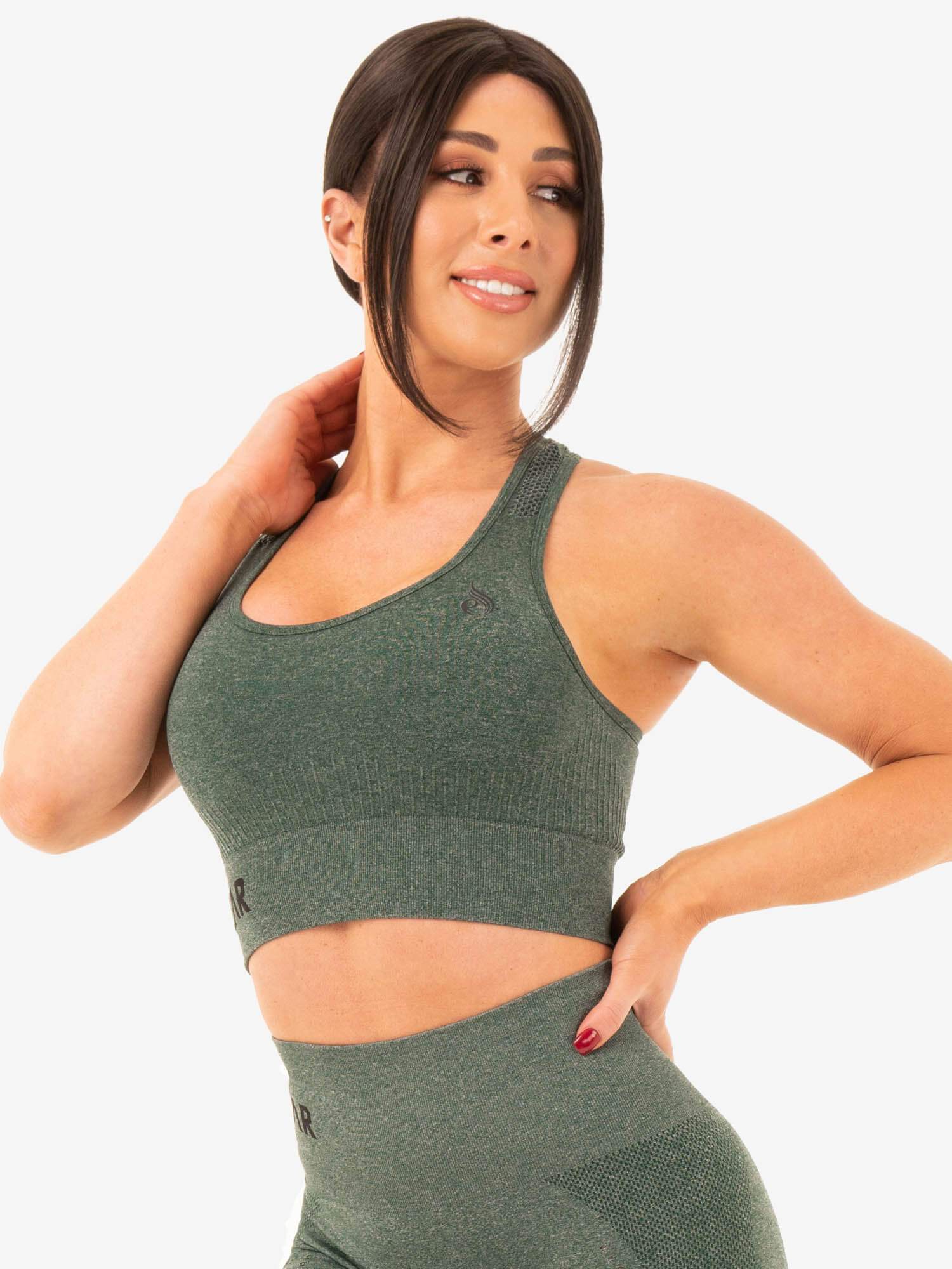 Seamless Staples Sports Bra for Women - High Support, Comfortable Workout Top - Forest Green Marl - Perfect for Yoga, Running & Gym