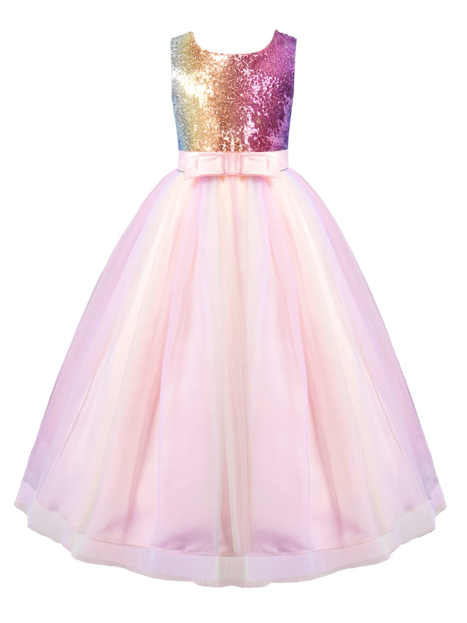 Renvena Girls Sparkly Sequins Princess Dress - Long Sleeveless Rainbow Tulle Ball Gown for Wedding, Pageant, Party & Special Occasions | Perfect for Birthday, Dance Recital & Formal Events