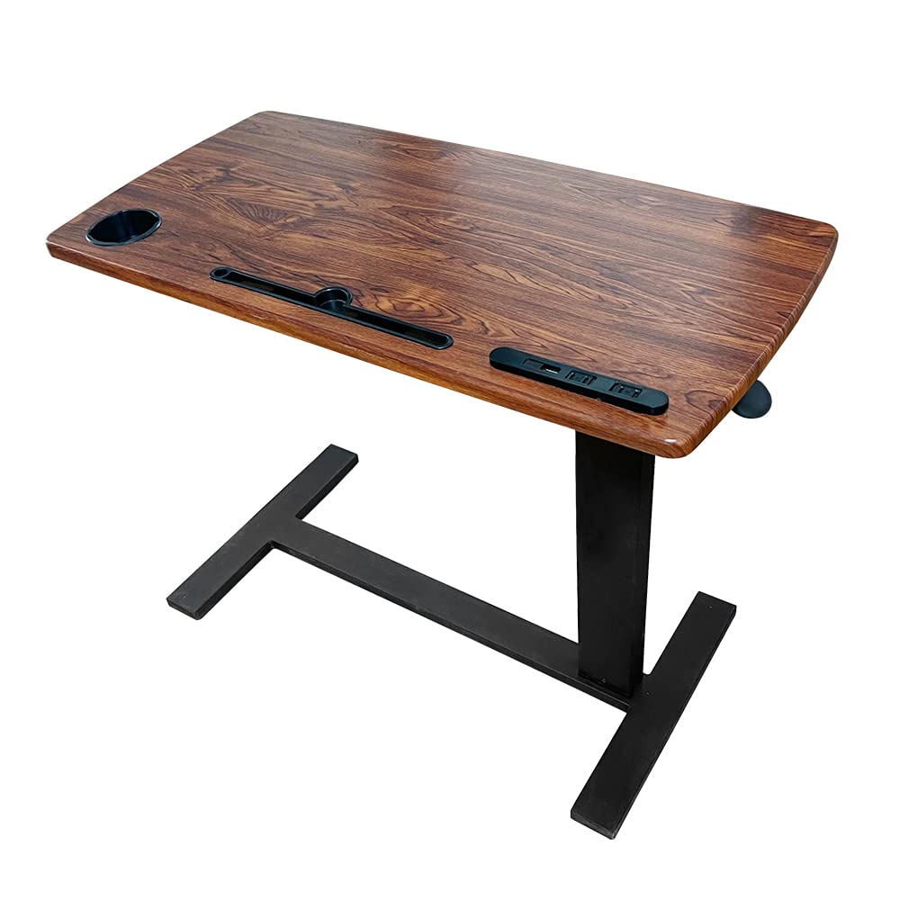 Adjustable Overbed Table with Wheels - Pneumatic Height Stand Desk with USB Ports & Laptop Slot - Mobile Standing Desk Cart for Home Office & Hospital Use (32x16 Inches, Wanult) - Perfect for Working, Studying, or Eating in Bed