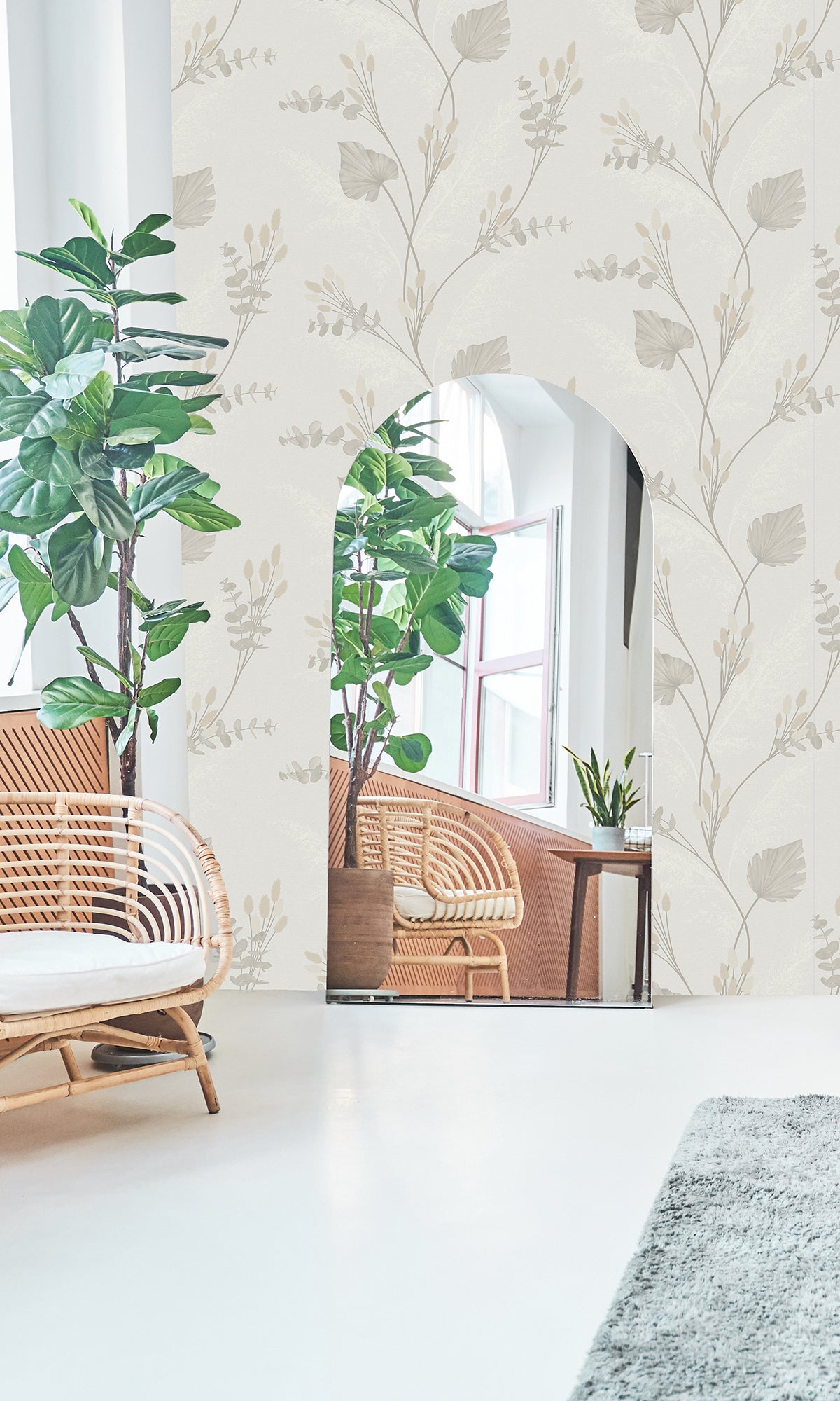 Bunny Tails & Pampas Grass Print Wallpaper R9521 - Cream Floral Wall Covering for Bedroom, Living Room & Nursery Decor