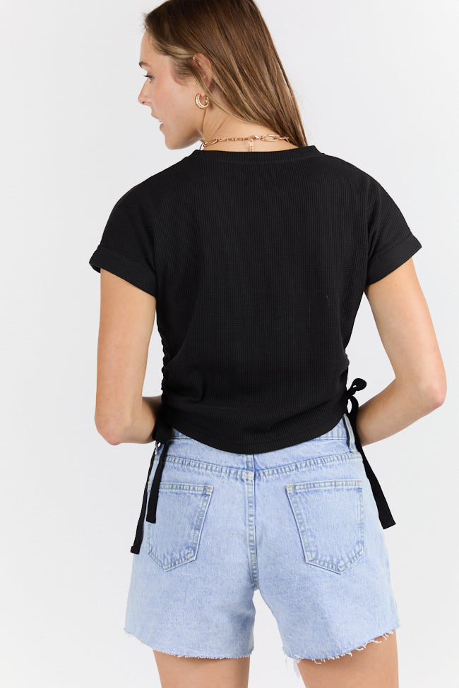 On The Road Again Black Waffle Knit Ruched Side T-Shirt | Casual Stretch Tee for Women | Perfect for Travel, Date Nights & Everyday Wear