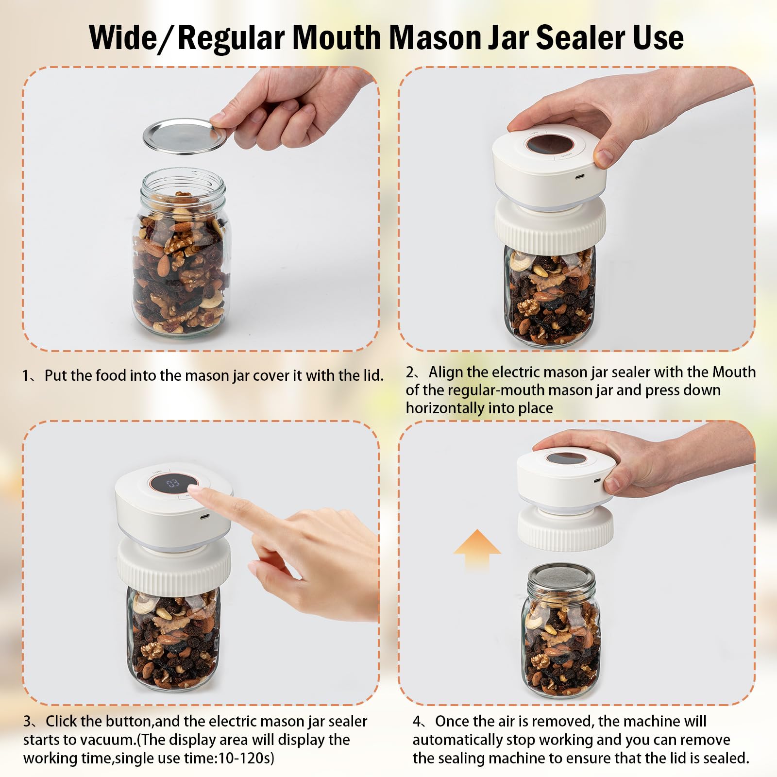 Electric Mason Jar Vacuum Sealer Kit - Wide & Regular Mouth Jar Sealer with 2 Reusable Lids | Automatic Food Preservation System for Freshness | Ideal for Meal Prep, Canning, Sous Vide & Long-Term Food Storage