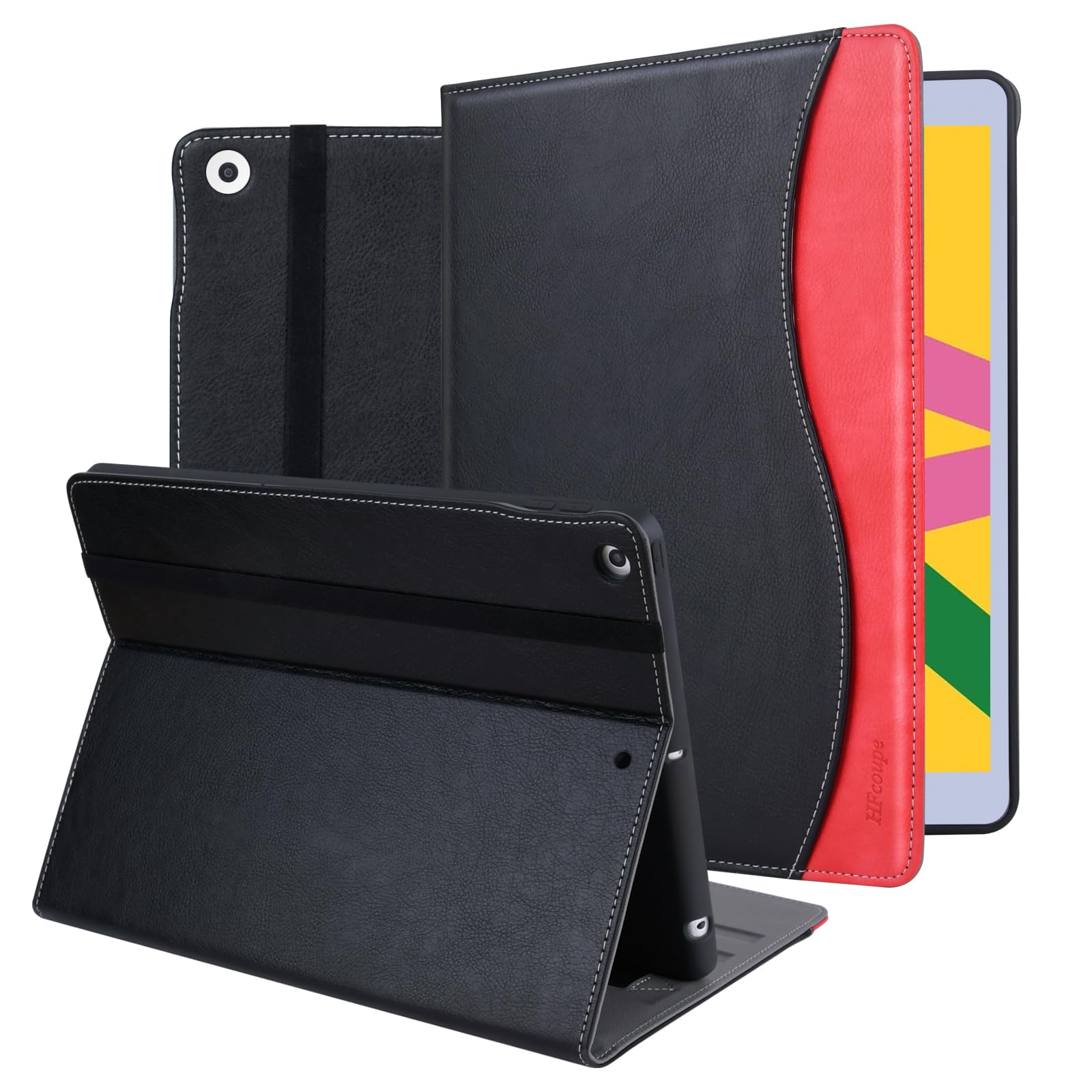 HFcoupe iPad 9th/8th/7th Generation Case (2021/2020/2019) - 10.2 Inch Full Body Protective Cover with Pencil Holder, Pocket & Auto Sleep/Wake | Multiple Viewing Angles | Black/Red | Perfect for Work, School & Travel