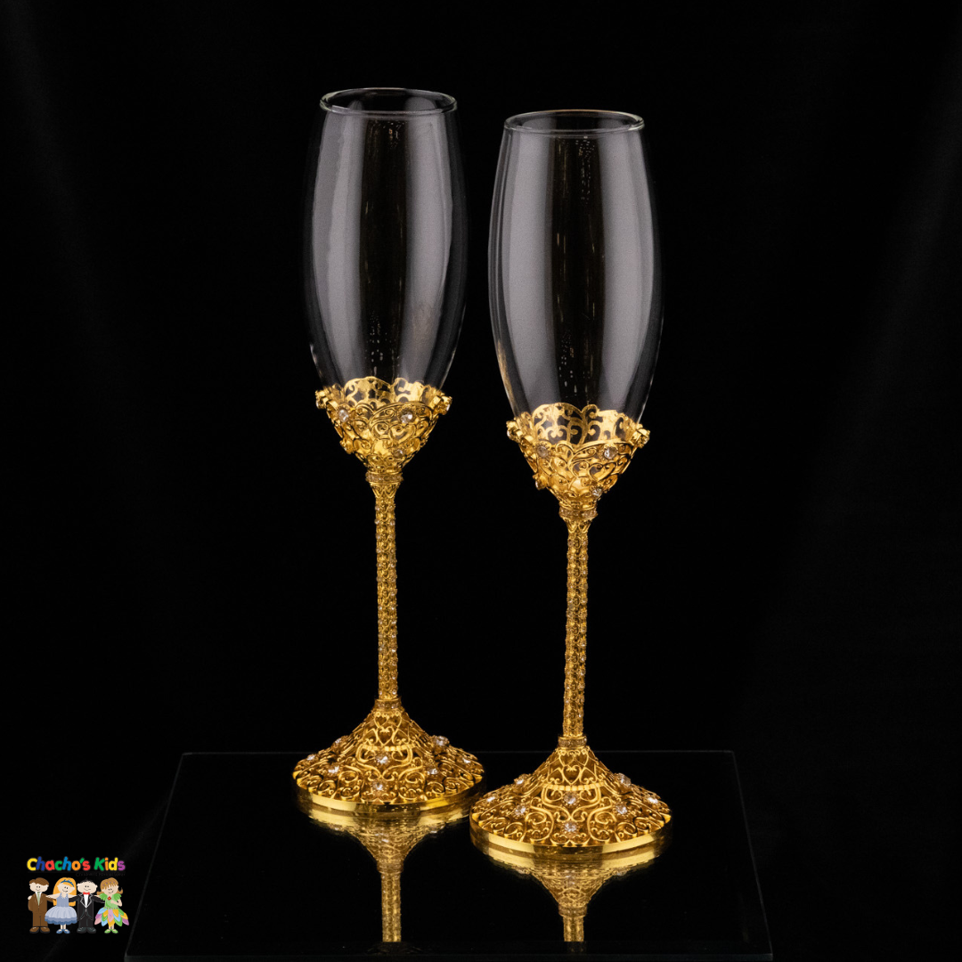 Elegant Wedding Champagne Flutes Set - 24K Gold Plated Crystal Glass Toasting Flutes for Bridal Showers, Anniversaries & Romantic Celebrations