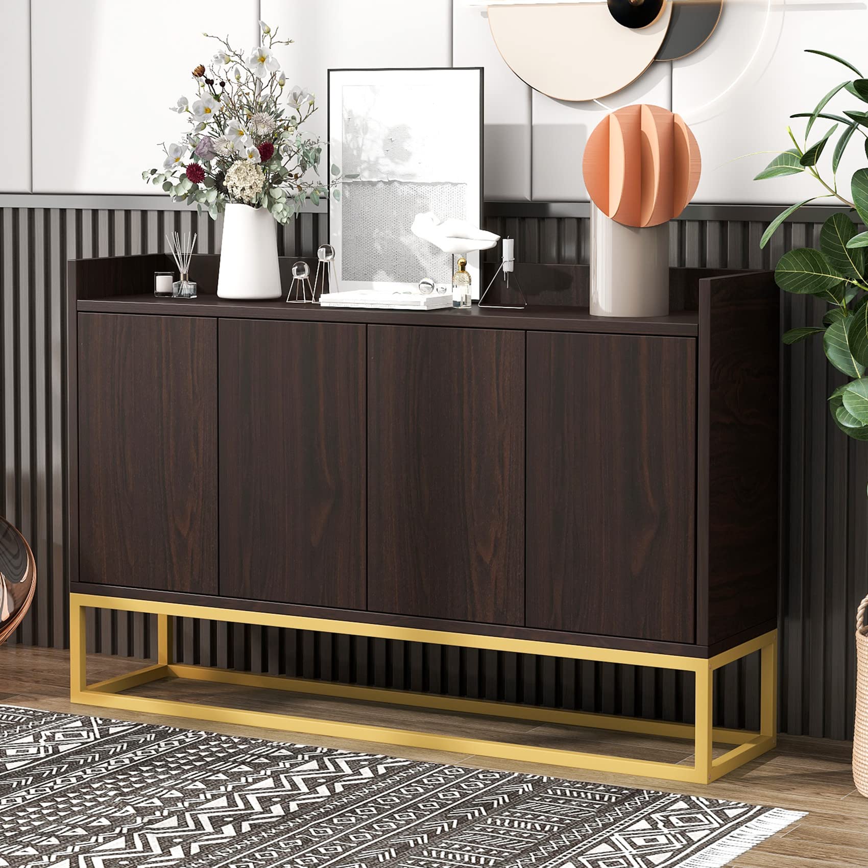 Modern 4-Door Buffet Sideboard Kitchen Storage Cabinet - Wooden Entryway Console Cupboard for Living Room, Bedroom & Dining Room (Espresso & Gold Finish) | Perfect for Home Organization, Display & Extra Storage Space