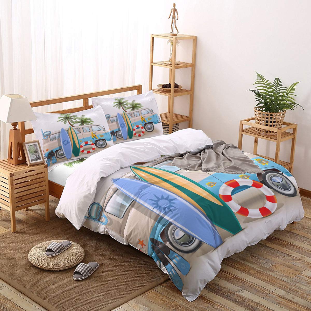 4-Piece Twin Size Beach Themed Duvet Cover Set - Surfboard, Diving Mask & Flip Flops Print - Soft All-Season Comforter Cover for Kids & Adults - Perfect for Beach House Decor, Teen Bedrooms & Vacation Home Styling