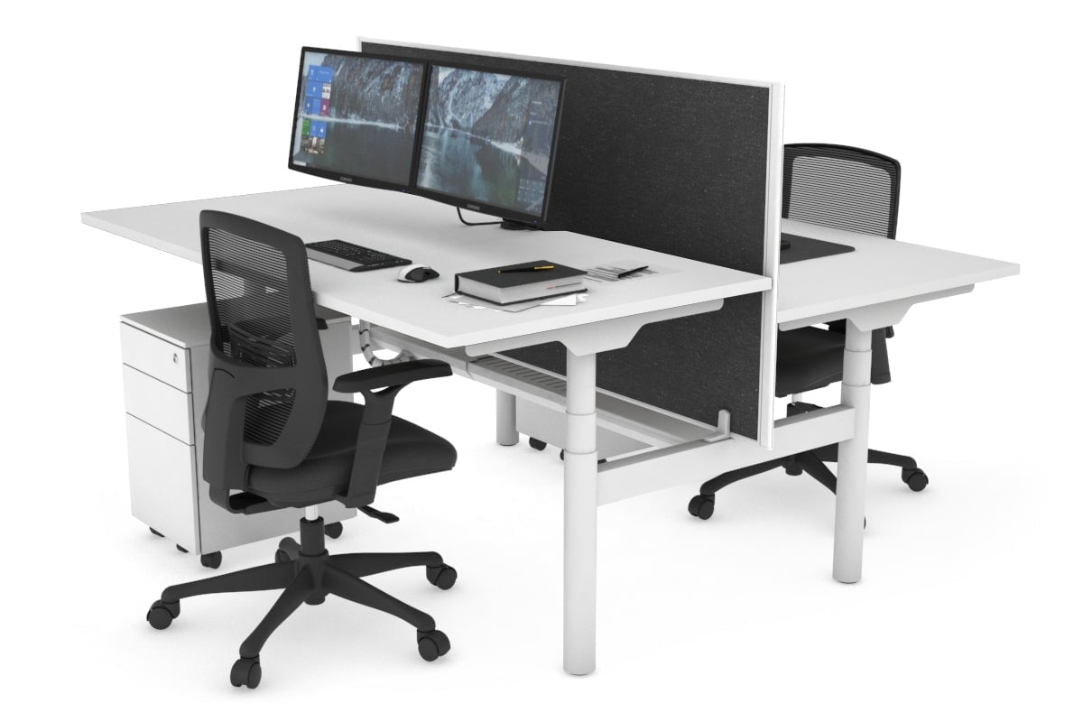 Flexi Premium Height Adjustable 2-Person H Bench Workstation - White Frame [1400L x 800W with Cable Management] - Ideal for Office, Home Workspace & Collaborative Environments