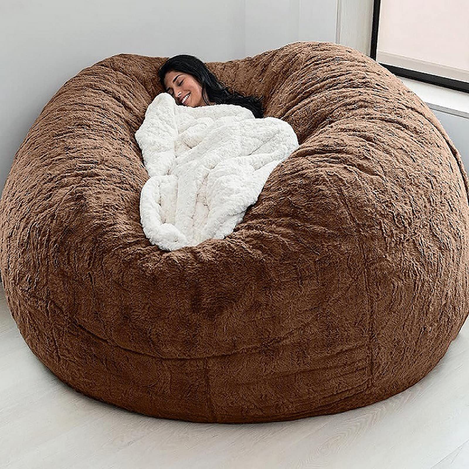 BLLOTO 7FT Large Bean Bag Cover - Soft PV Fur Fabric, No Fillings, Machine Washable, Brown - Perfect for Organizing Plush Toys, Textile Storage & Cozy Lazy Sofa Bed Use