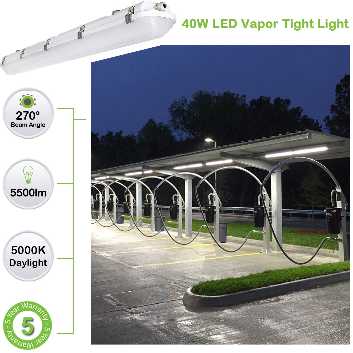 Hykolity 4FT LED Vapor Tight Light Fixture - 40W/50W/60W Selectable, 4000K/5000K/6000K CCT, 130lm/W, Waterproof IP65 - Ideal for Parking Garages, Carports, Car Washes & Industrial Areas (4-Pack)