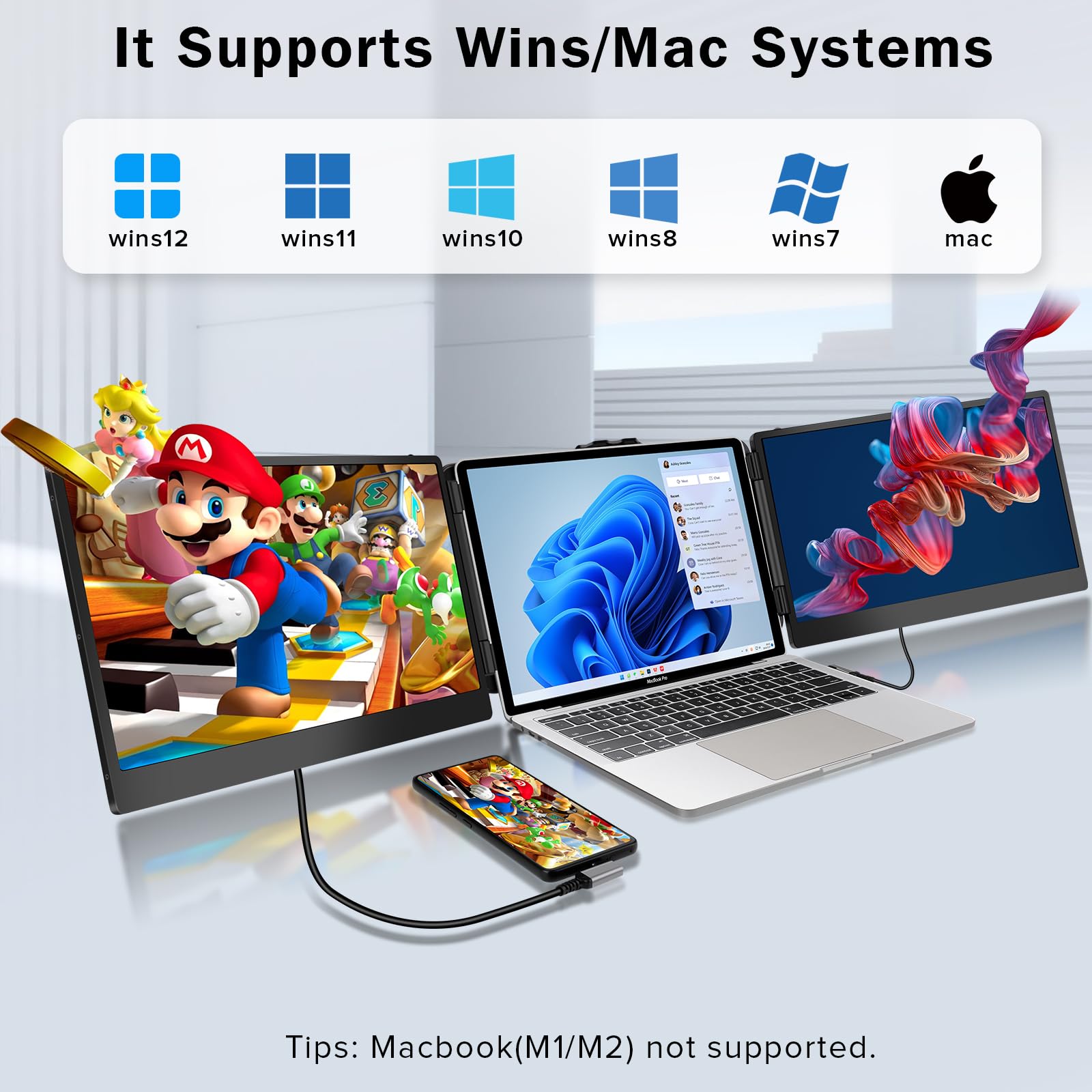 14 Inch Triple Portable Laptop Monitor Extender - 1080p FHD IPS Screen, Plug & Play USB-C/HDMI for Windows & Mac (13-17.3 Inch) - Perfect for Multi-Tasking, Gaming & Office Work