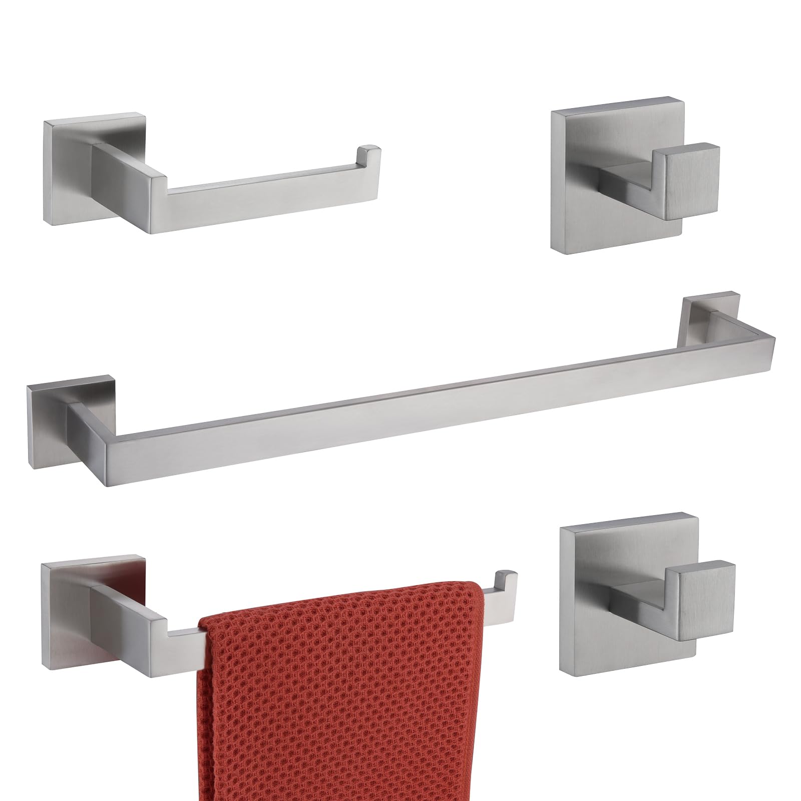 TASTOS 5-Piece Brushed Stainless Steel Bathroom Hardware Set - Wall Mounted Robe Hook, Toilet Paper Holder & 24-Inch Towel Bar in Silver | Modern Bathroom Accessories for Home & Hotel Use