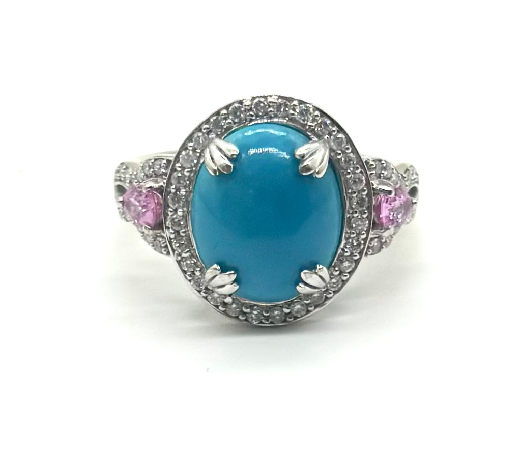 14K Gold Turquoise Ring with Diamond & Pink Sapphire Accents - Elegant Boho Jewelry for Women, Perfect for Weddings, Parties & Everyday Wear