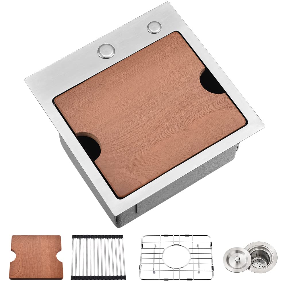 15x15 Inch Stainless Steel Drop-In Bar Sink - 16 Gauge Commercial Grade Small Kitchen Sink with Cutting Board | Perfect for RV, Outdoor Kitchen & Home Bar Prep Stations