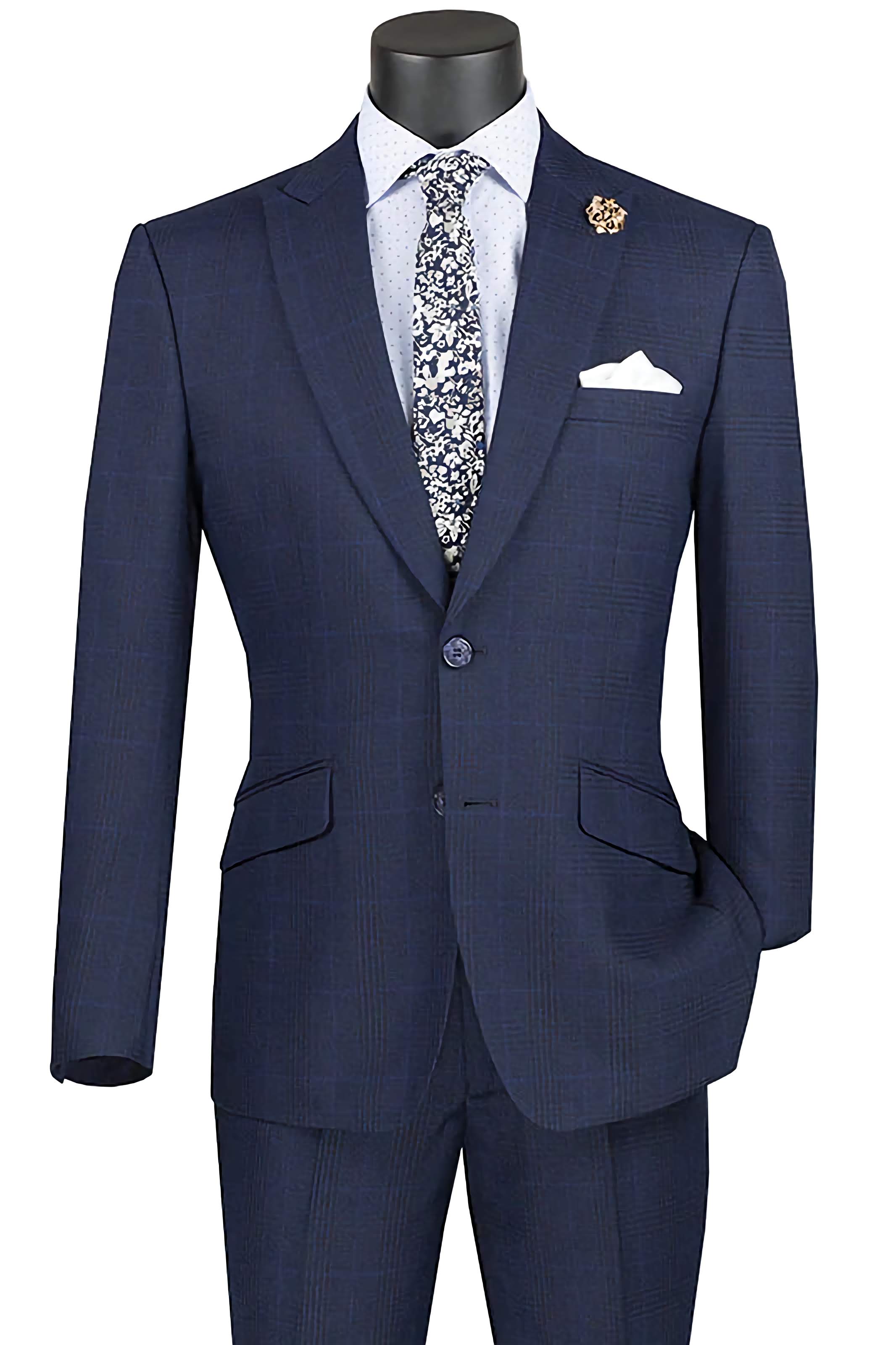 Slim Fit 2 Piece Suit for Men - Navy Glen Plaid Pattern with Matching Pants | Business Formal & Wedding Attire