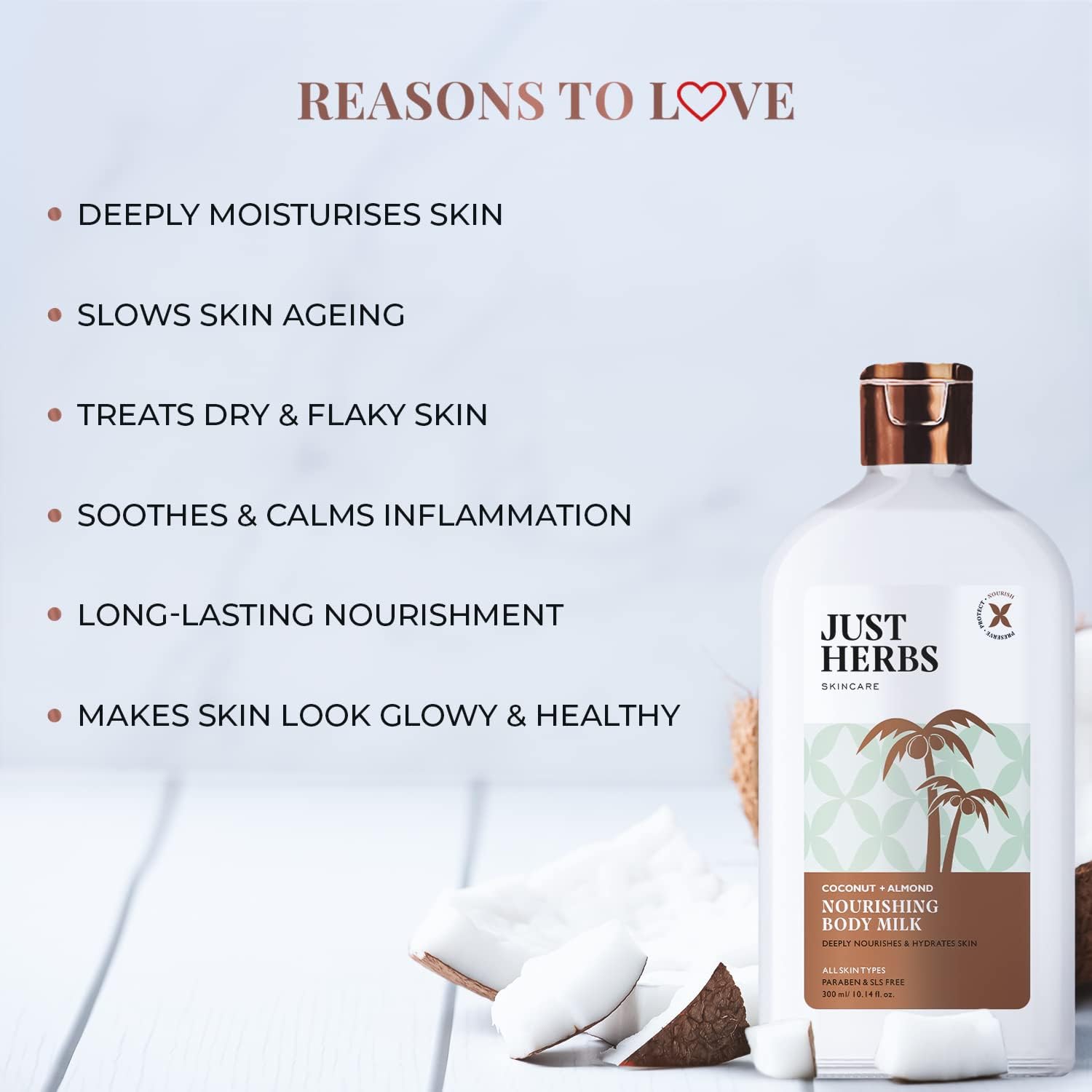 Just Herbs Nourishing Body Milk with Coconut & Almond Oil for Men & Women | Hydrating & Moisturizing Body Lotion for Dry Skin in Winter | Perfect for Daily Skincare Routine & After-Shower Use