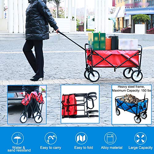 Heavy Duty Collapsible Wagon Cart with Wheels - 150lbs Capacity Foldable Utility Cart, Portable Steel Frame Beach Wagon for Sand, Camping, Picnics, Grocery Shopping & Outdoor Adventures (Red)
