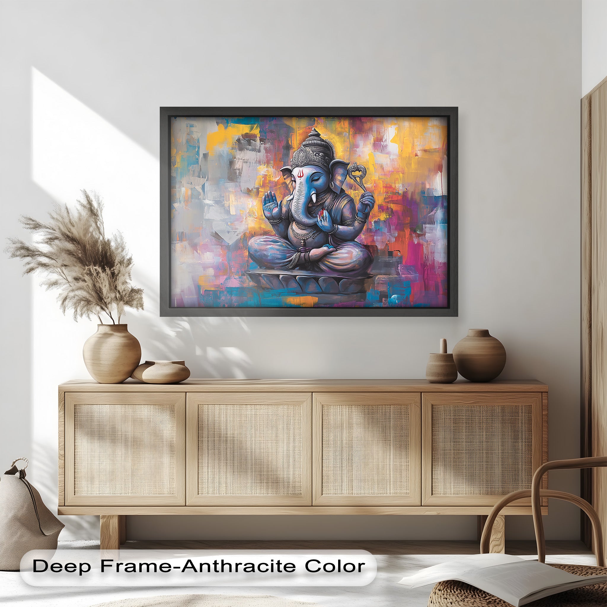 Vibrant Ganesha Wall Art - Hindu Religious Oil Painting for Home Decor & Meditation Space