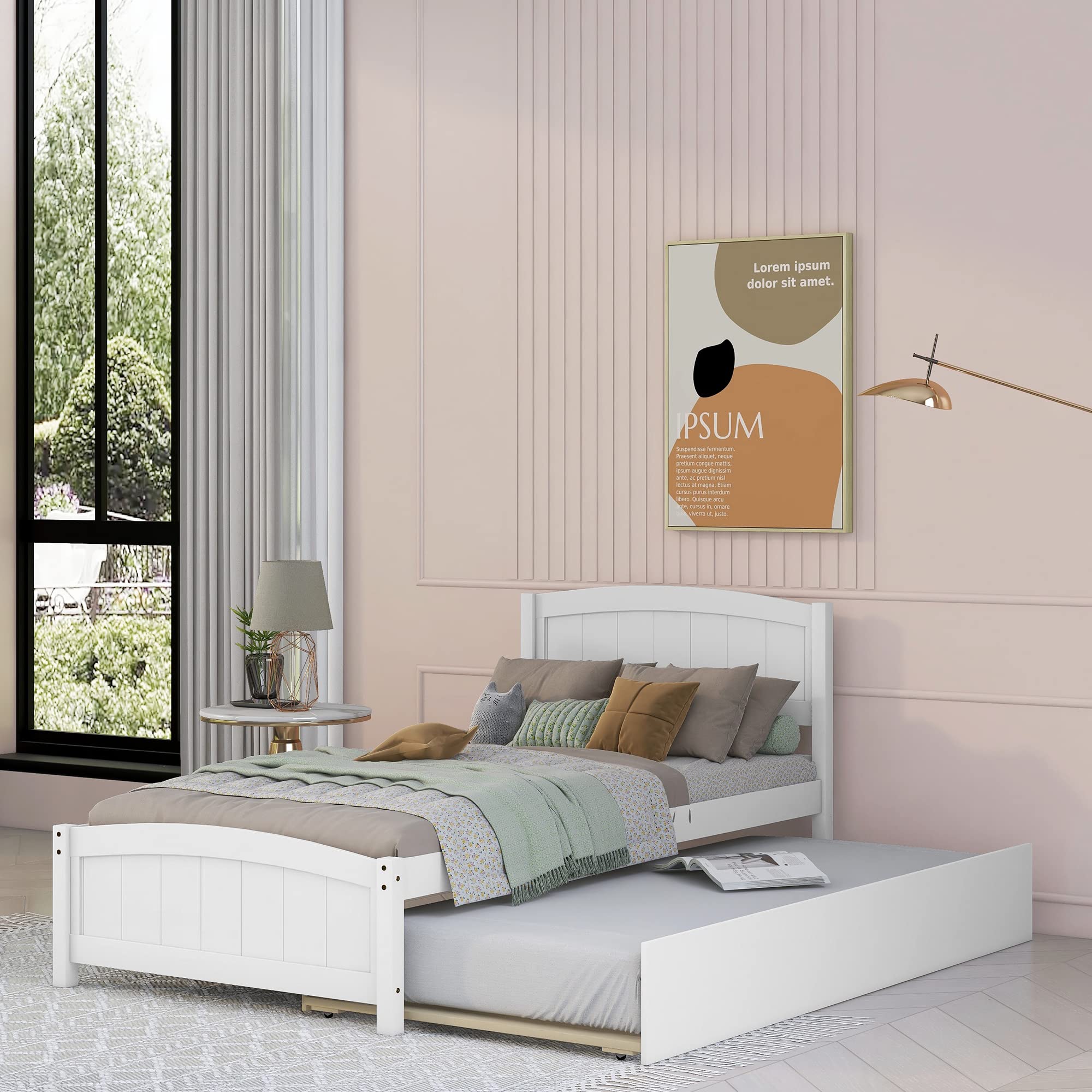 Harper & Bright Designs Twin Bed Frame - Solid Wood Platform Bed with Trundle, Headboard & Footboard | Wood Slat Support | White Finish | Perfect for Kids Rooms, Guest Rooms & Small Spaces
