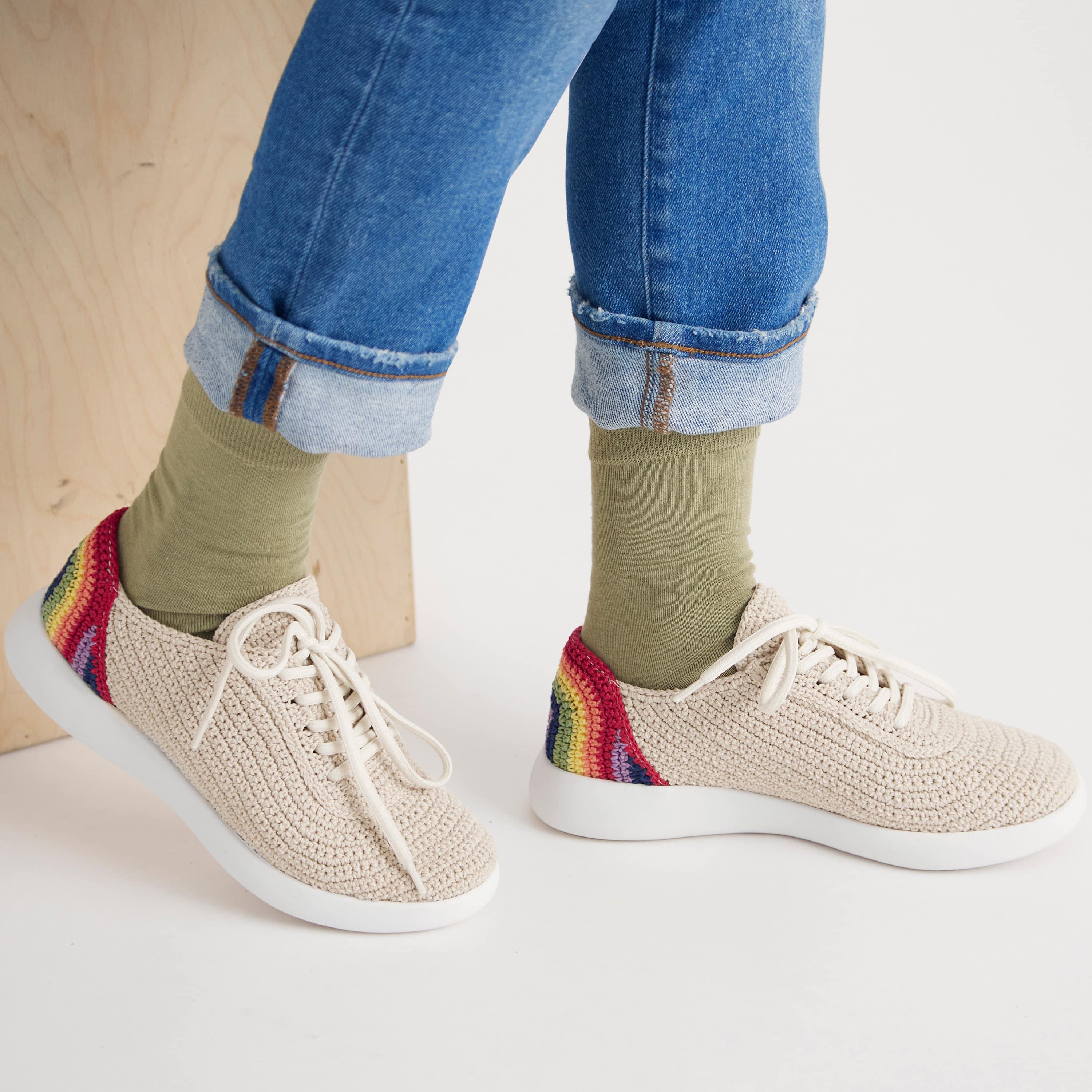 Handmade Crochet Asha Sneakers - Rainbow & Ecru Color - Comfortable Bohemian Style Shoes for Women | Perfect for Casual Wear, Festivals, and Summer Outfits