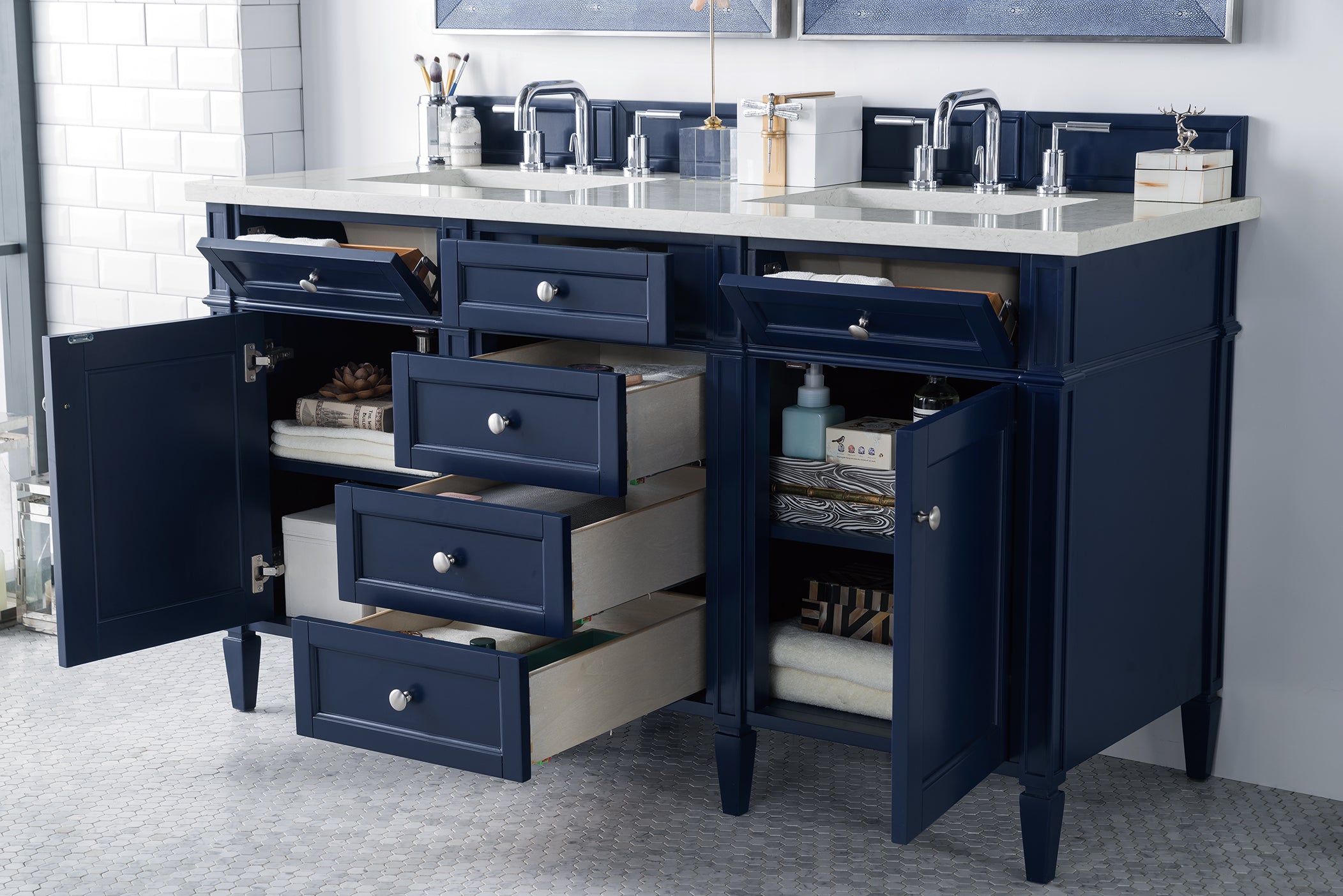 Brittany 60 Victory Blue Double Vanity with 3CM Eternal Jasmine Pearl Quartz Top - Luxury Bathroom Vanity Set for Modern Home Decor