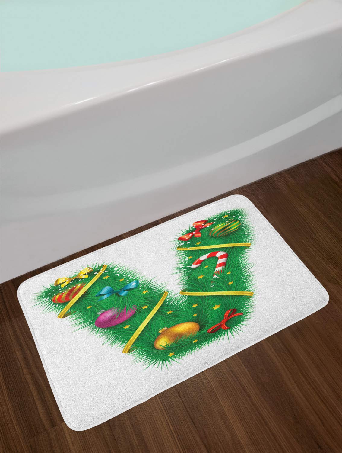 Ambesonne Christmas Alphabet Bath Mat - Non-Slip Plush Bathroom Rug with Letter V & Stars Candy Stick Design, 30.2 x 20 Inches, White & Green - Perfect Holiday Decor for Bathroom, Kitchen, or Festive Home Entryway