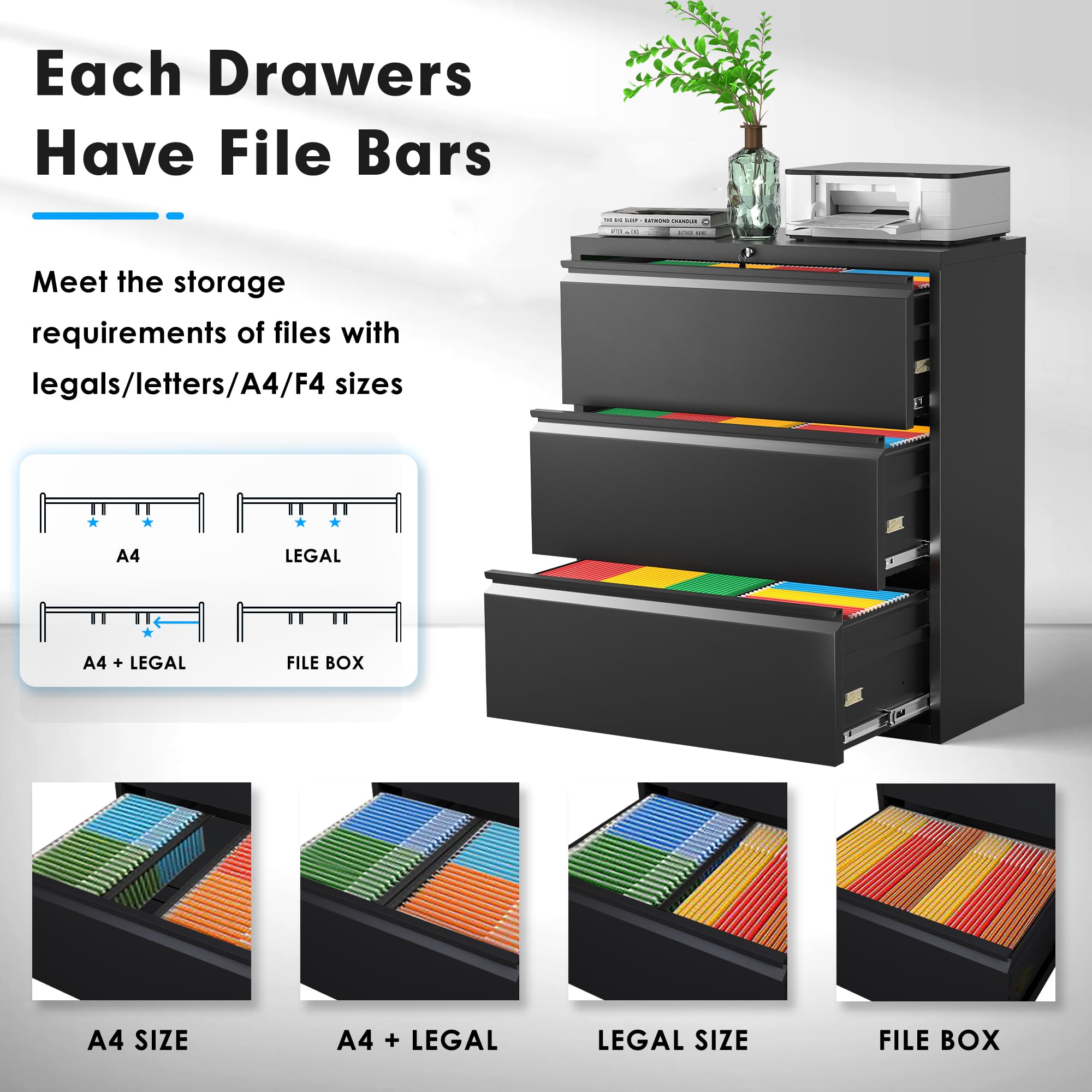 Pataku 3-Drawer Metal Lateral File Cabinet with Lock - Steel Office & Home Filing Cabinet for Letter, Legal, F4 & A4 Hanging Files - Wide Storage Organization Solution for Documents, Records & Office Supplies (Black)