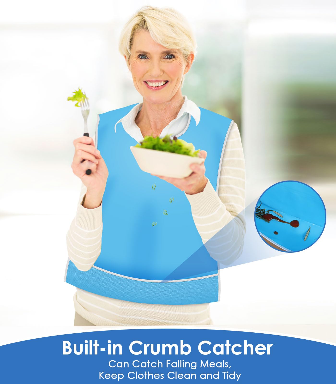 3 Pack Waterproof Adult Bibs for Elderly - Oilproof & Crumb Catcher Feeding Bibs for Men & Women - Reusable Washable Senior Dining Bibs - Perfect for Mealtime, Nursing Homes & Assisted Living (Blue)