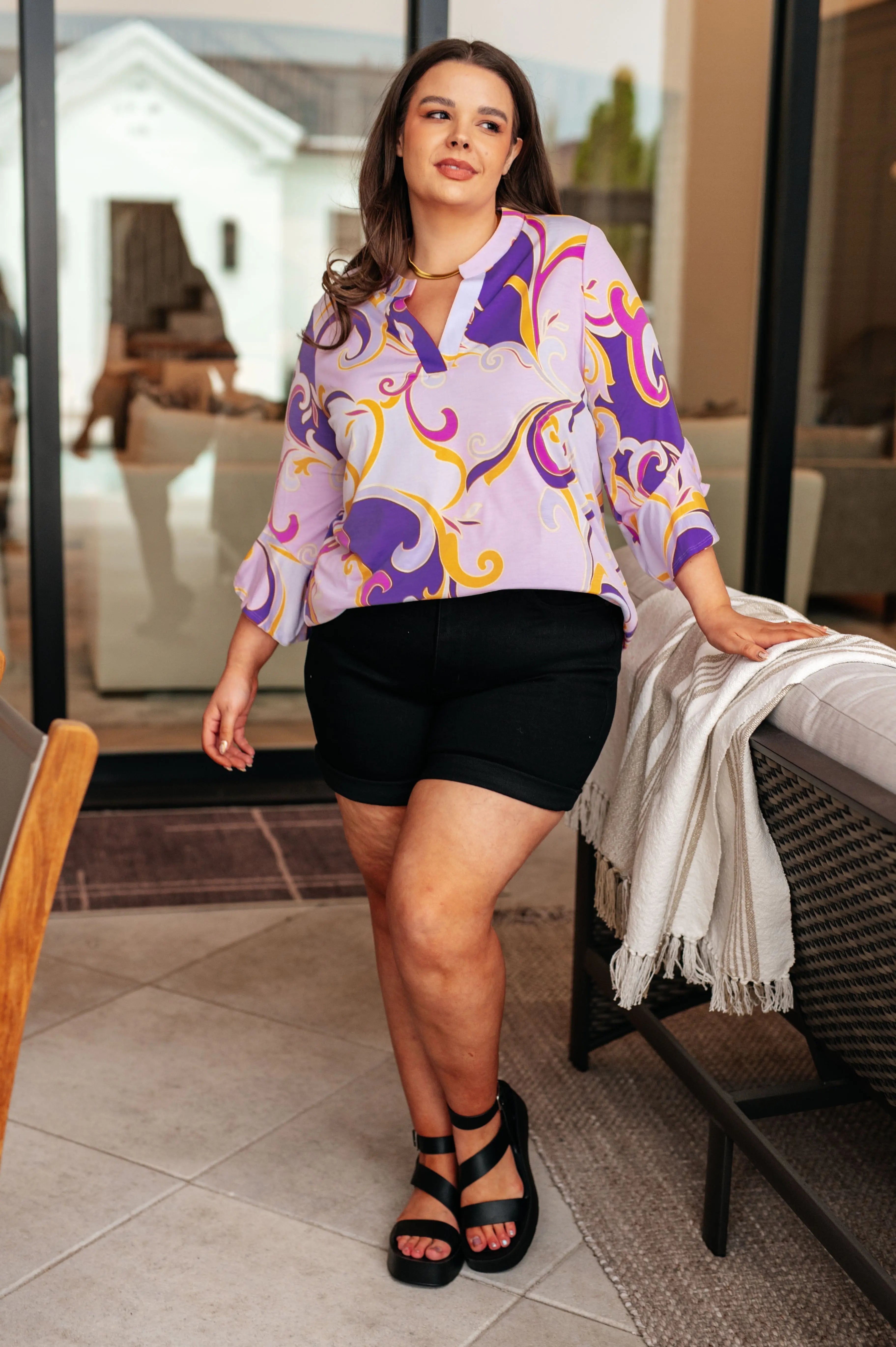 Lizzy Bell Sleeve Blouse - Elegant Regal Lavender & Gold Women's Top for Work, Party & Special Occasions