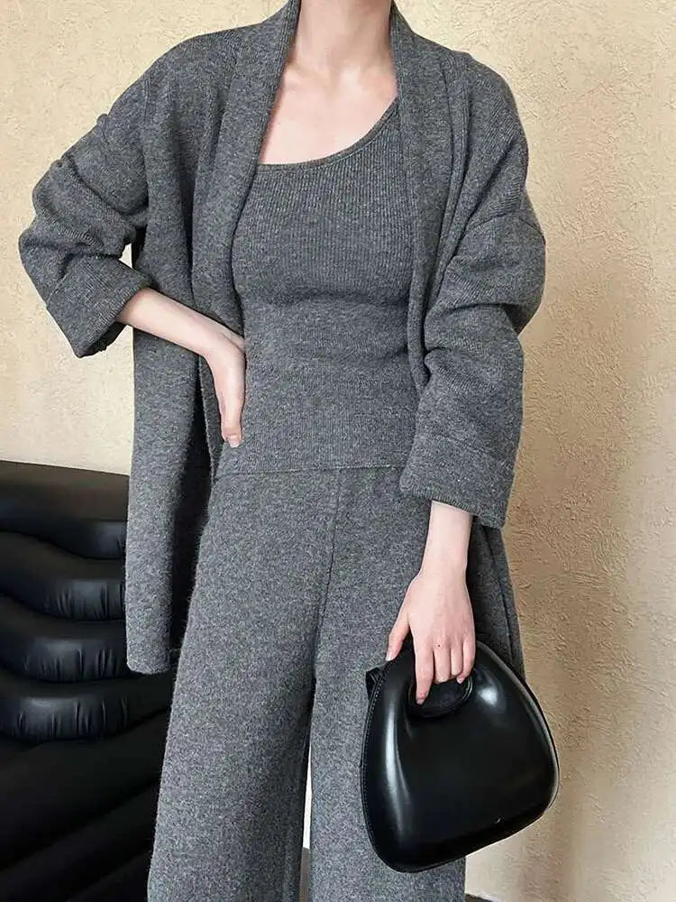 2025 Women's Fashion Big Size Sweater Wide Leg Pants Three Piece Suit - V Neck Long Sleeve Outfit for Spring & Autumn | Plus Size Office Wear, Casual Chic Look