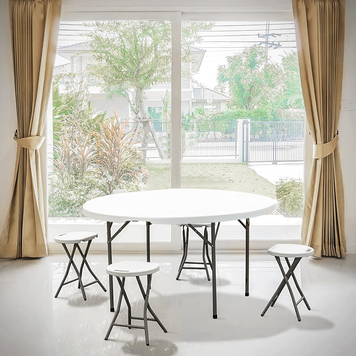 MoNiBloom 4.5Ft Round Folding Table - Portable Plastic Dining Table with Handle & Lock for Indoor Outdoor Use - Perfect for Picnic, Party, Banquet, Wedding (White)