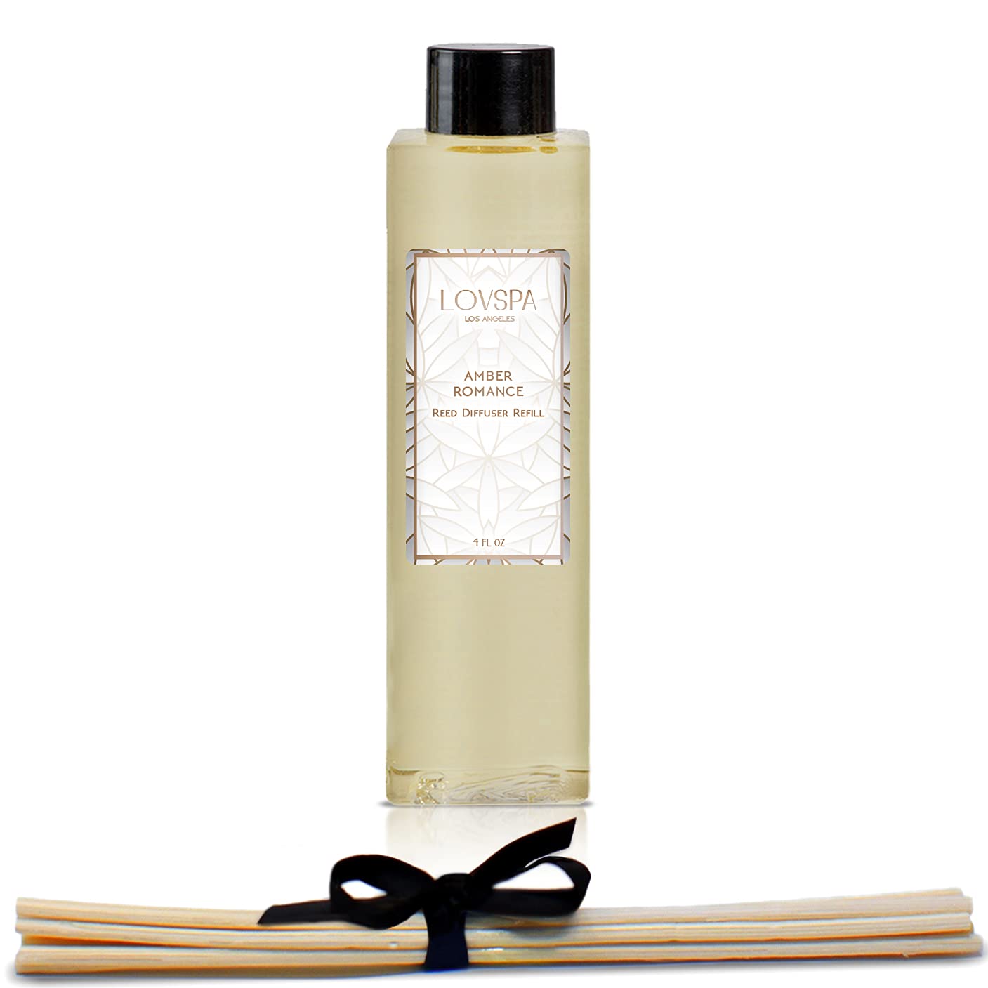 LOVSPA Amber Romance Reed Diffuser Oil Refill with Natural Reed Sticks - 4oz Warm Amber, Sandalwood & Floral Essential Oil Blend (White Lily, Jasmine, Peony) - Handmade in USA - Perfect for Home, Office & Spa Aromatherapy