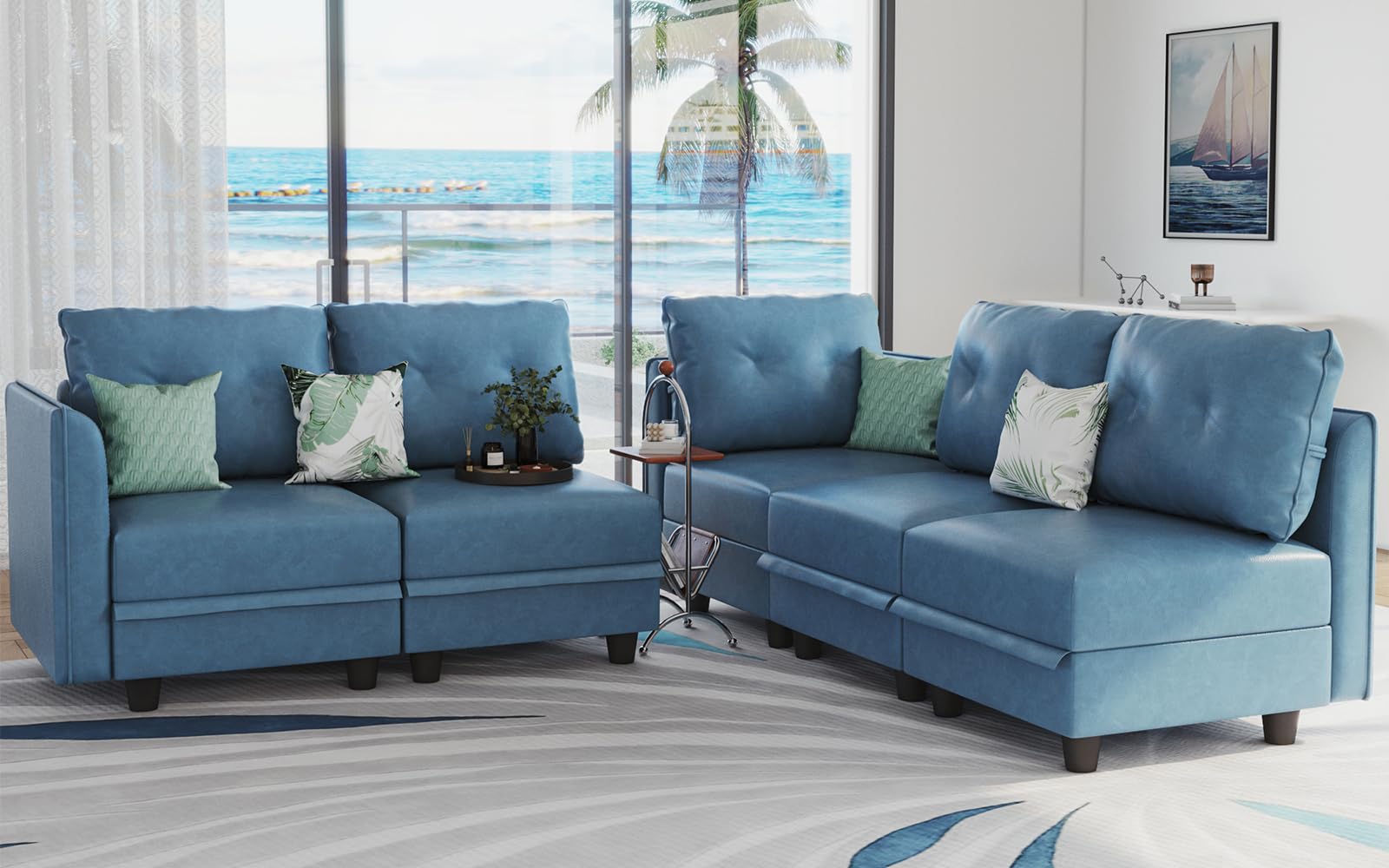 LLappuil Modular Sectional Sofa - Convertible L-Shaped Couch with Storage Chaise, 5-Seater Faux Leather Living Room Sofa in Navy Blue | Perfect for Small Spaces, Apartments & Family Gatherings
