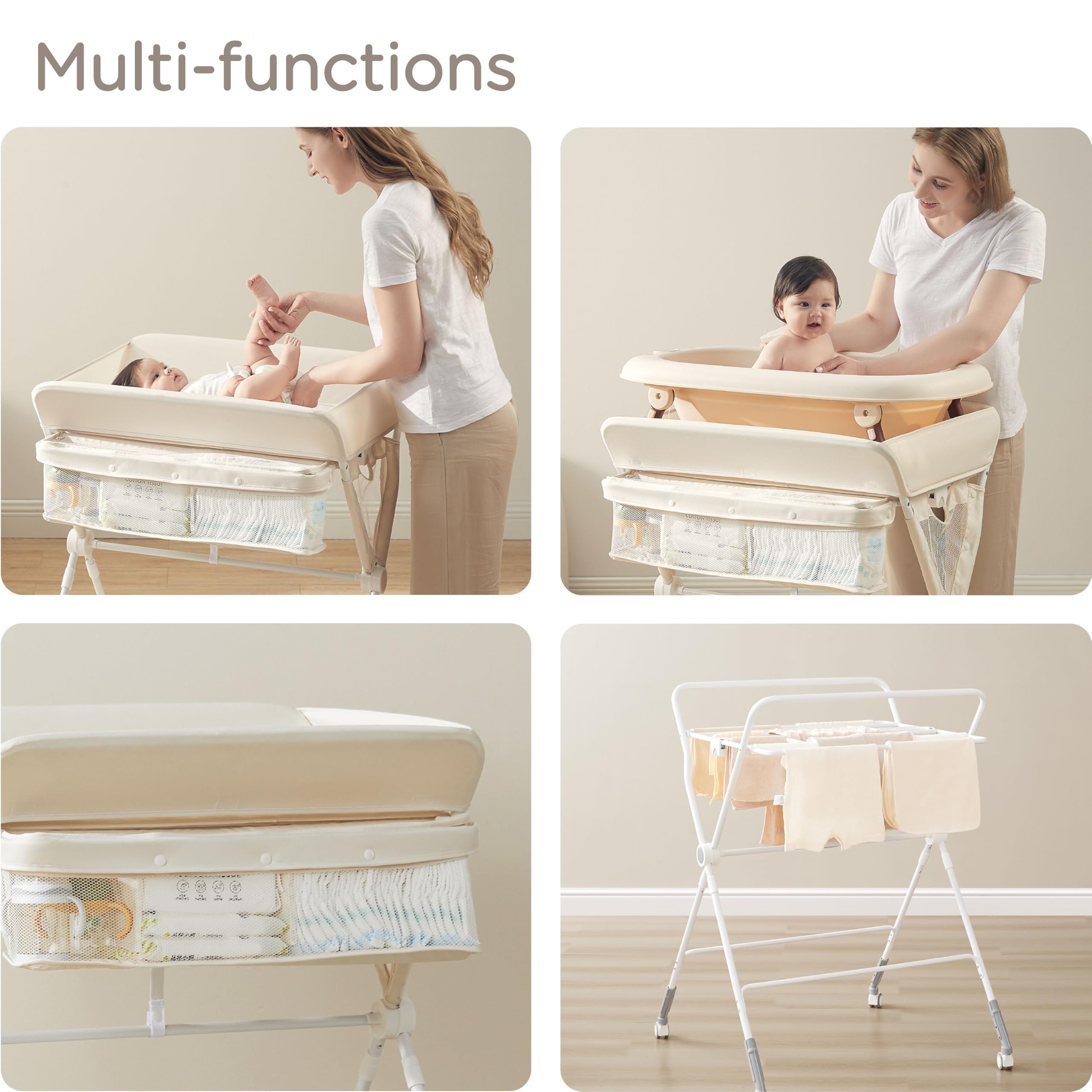 Portable Baby Changing Table with Wheels & Storage - 3-Level Adjustable Height Folding Diaper Station for Nursery, Travel & Daycare - Oatmeal Color Infant Changing Pad Organizer