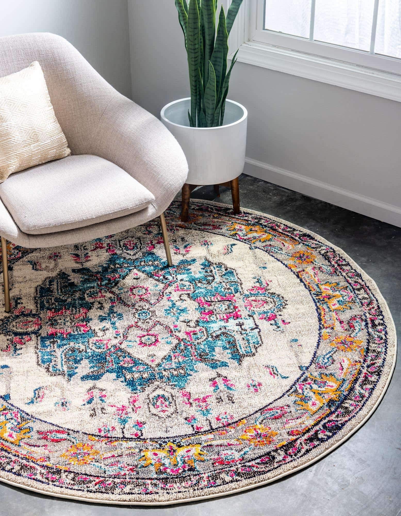 Unique Loom Medici Collection 8' Round Traditional Beige Medallion Area Rug - Light Colors, Soft & Durable for Living Room, Bedroom or Dining Room Decor