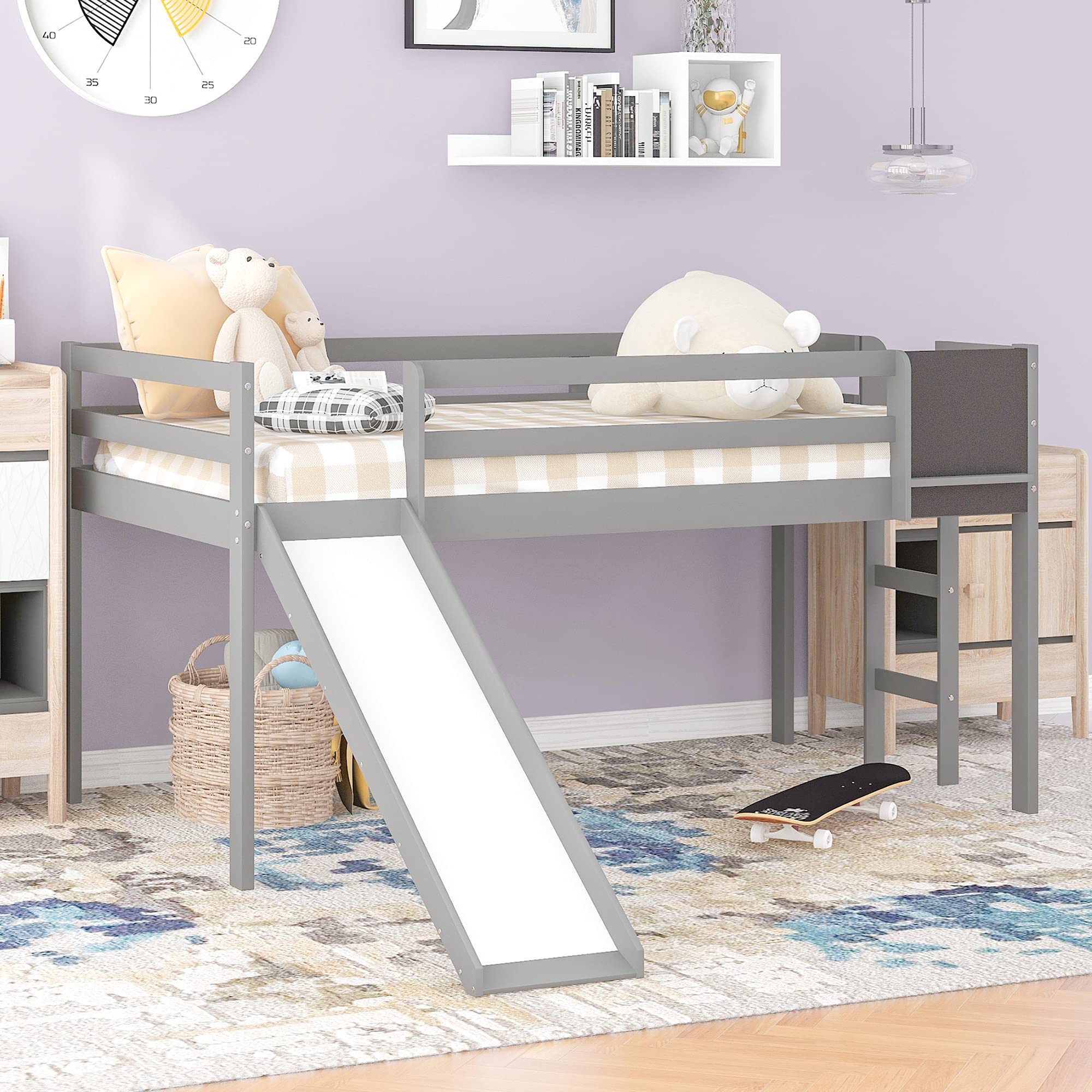 P PURLOVE Twin Loft Bed with Slide - Sturdy Wooden Loft Bed Frame with Ladder & Chalkboard for Kids, Teens, Boys & Girls - No Box Spring Required (Gray) - Perfect for Small Bedrooms, Playrooms & Dorm Rooms