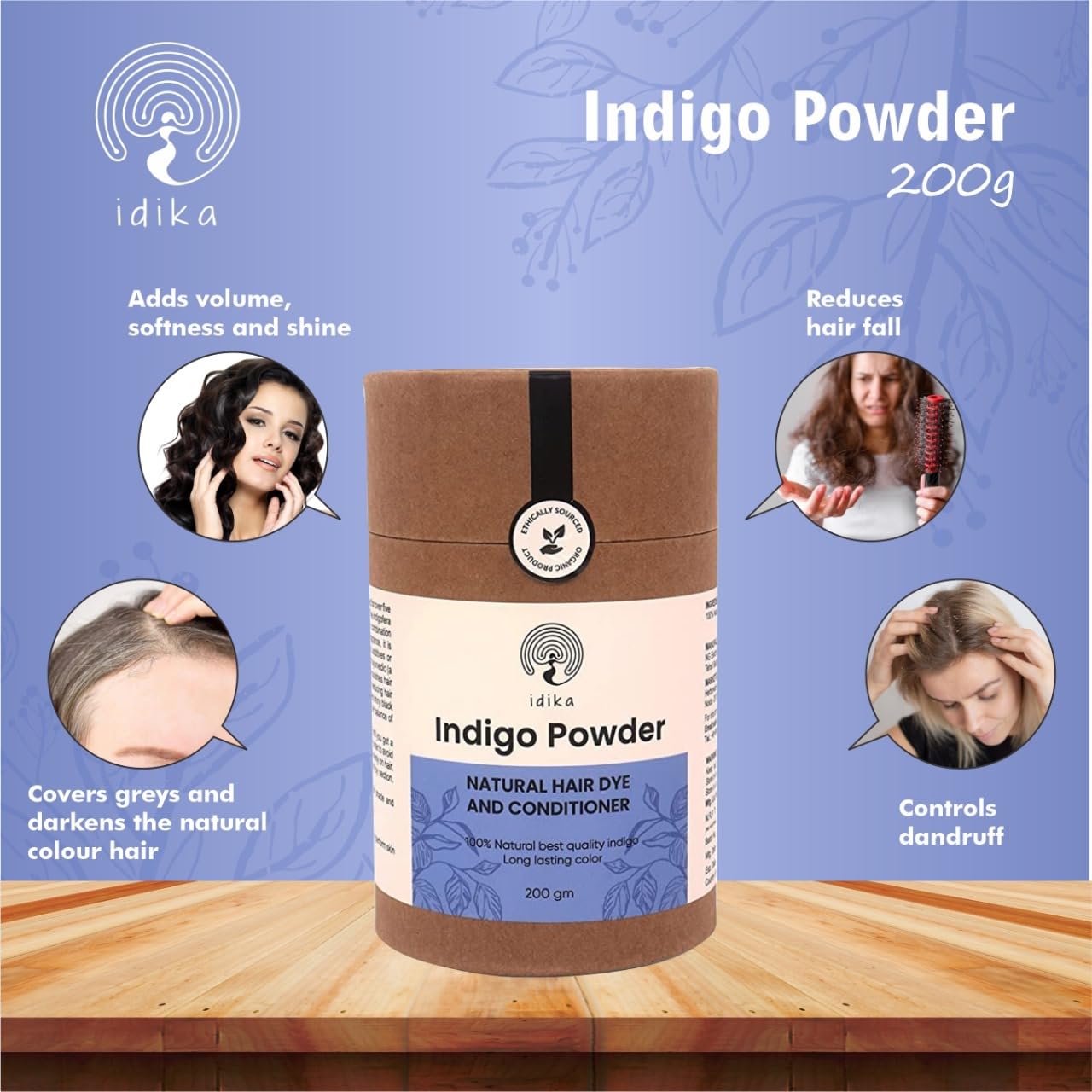 Idika Natural Indigo Powder for Hair - 100% Organic & Chemical-Free Grey Hair Dye, Safe Hair Coloring for Men & Women, Protects & Strengthens Hair, 200g - Perfect for Home Hair Care & Natural Beauty Routines